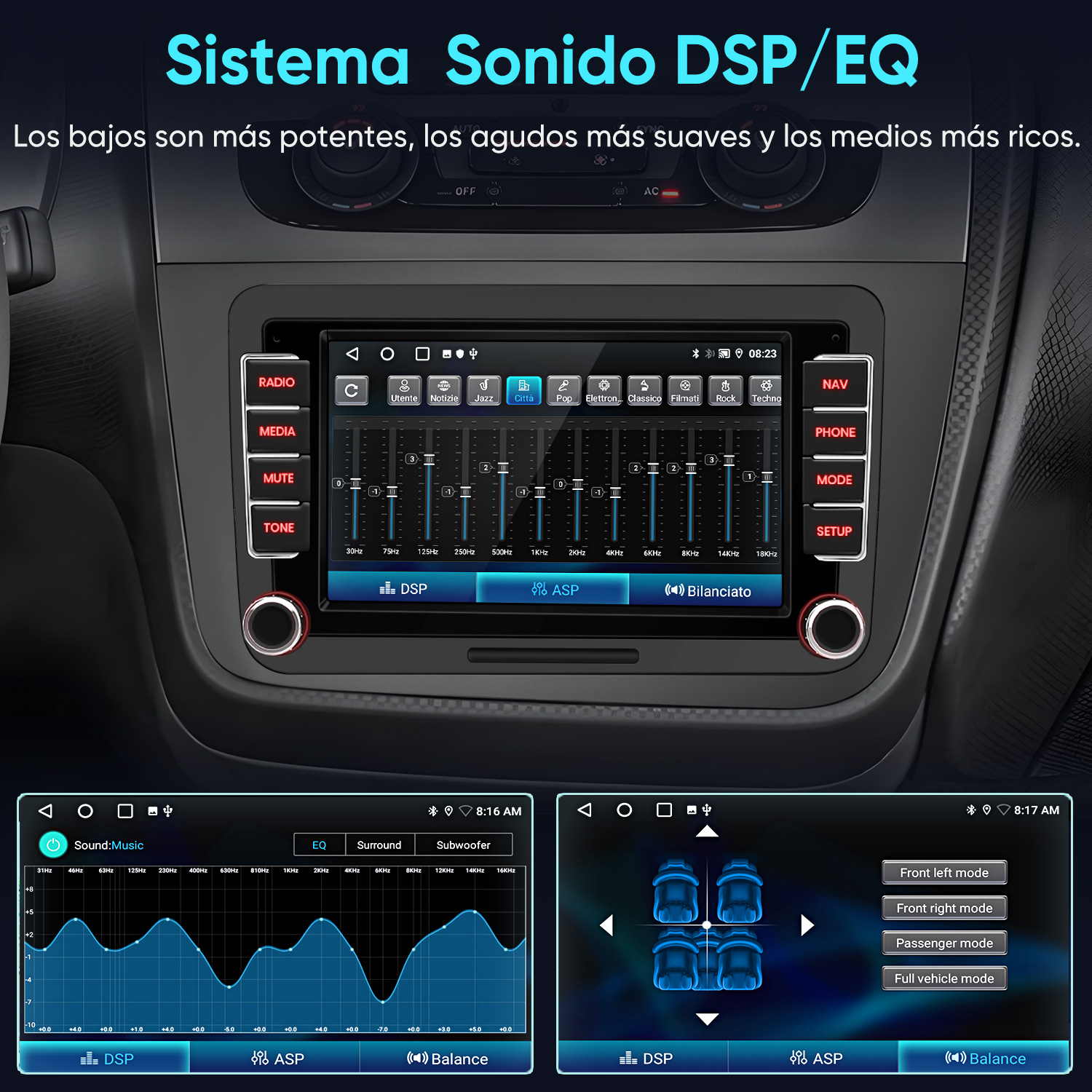 Una pantalla de radio de coche muestra ajustes de ecualización, bandas de frecuencia y modos de altavoz.