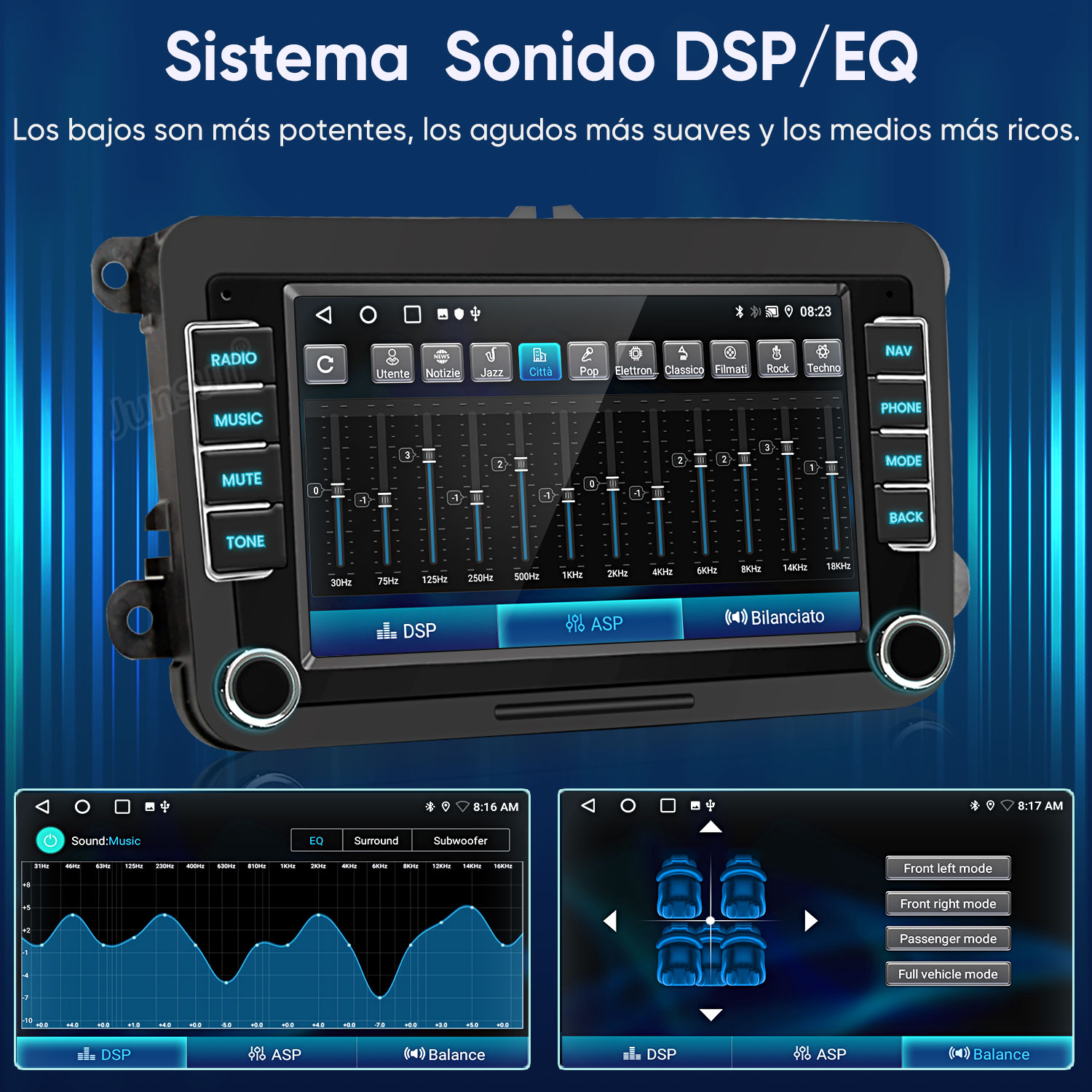 Pantalla de radio de coche mostrando ajustes de ecualizador y modos de sonido.