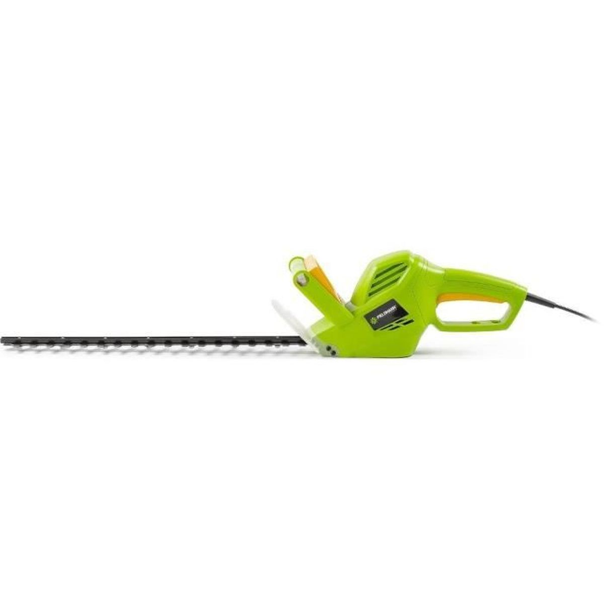 Tagliasiepi verde con protezione lama nera e cavo.