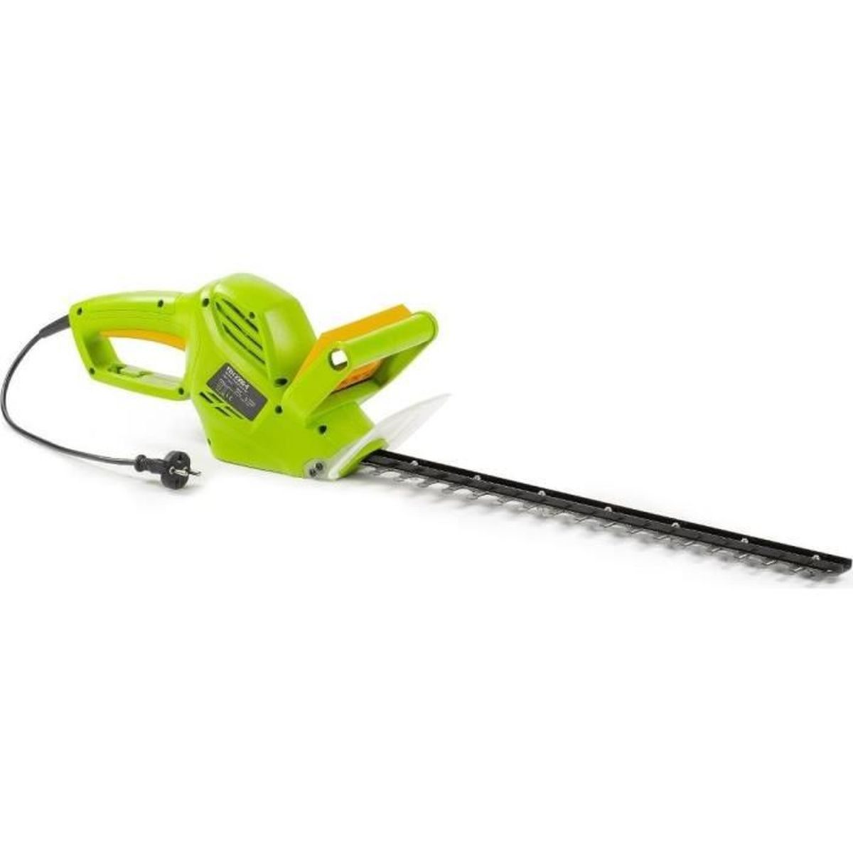 Tagliasiepi elettrico verde con cavo e spina neri, su bianco.