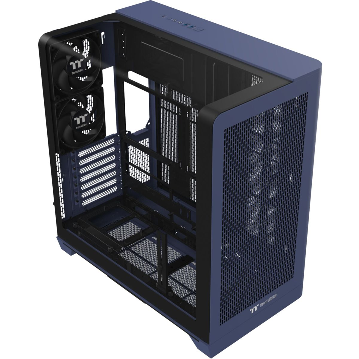 Ein blaues Computergehäuse mit zwei schwarzen Lüftern innen links.