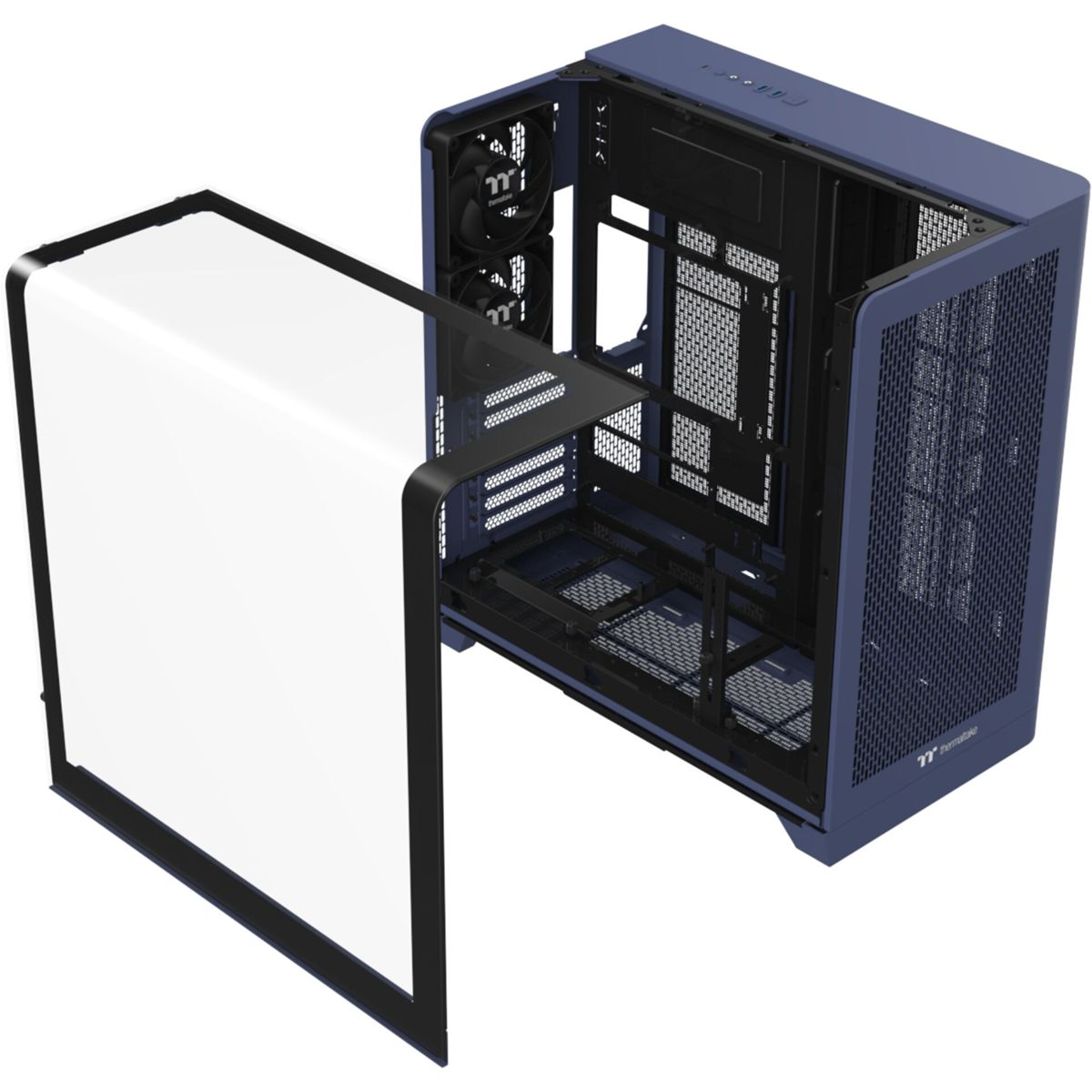 Ein blaues Computergehäuse mit abgenommenem Glasseitenteil.