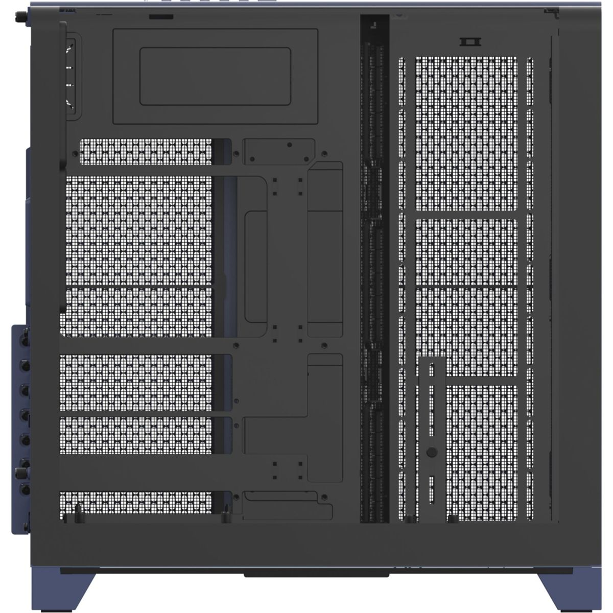 Ein schwarzes Computergehäuse mit Netzöffnungen und blauen Füßen.