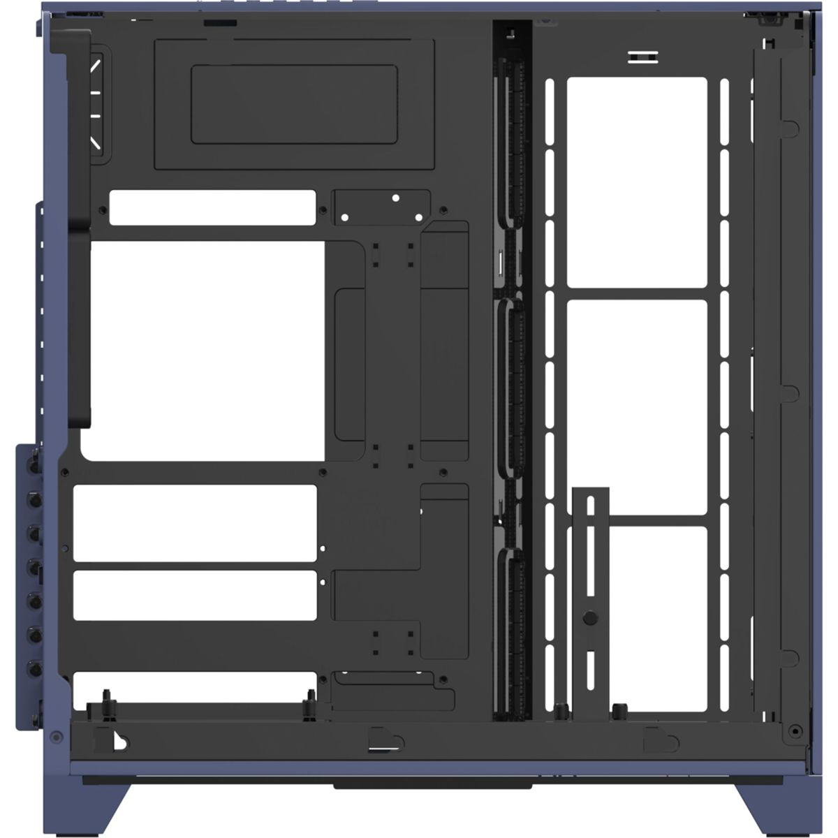 Ein blauer Computergehäuse-Rahmen mit dunklen inneren Komponenten und Lüftungsschlitzen.