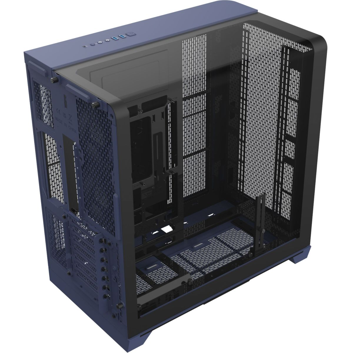 Ein dunkelblauer Computergehäuse mit Glasfront und Seitenteilen.