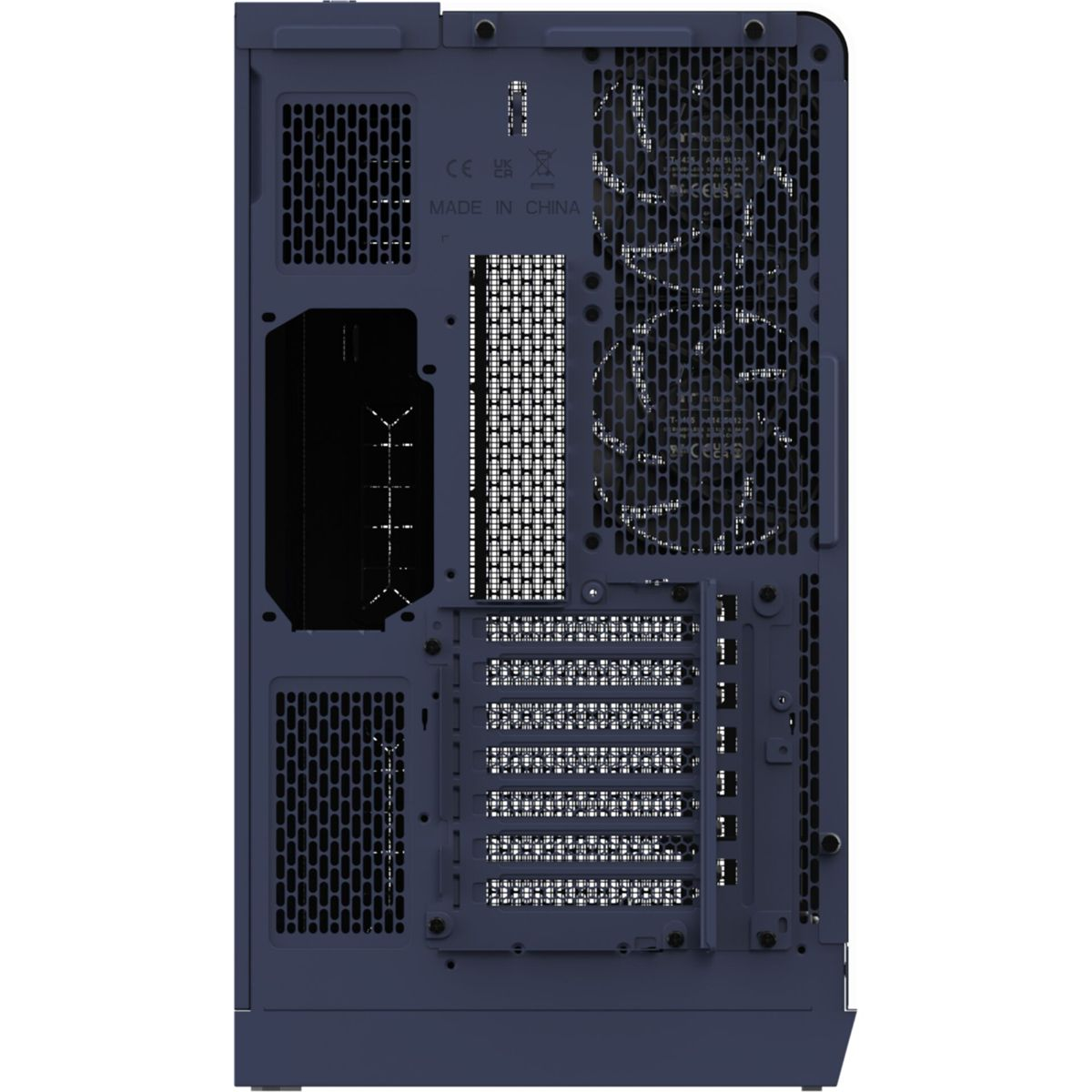 Rückseite eines dunkelblauen Computergehäuses mit Lüftern und Anschlüssen.