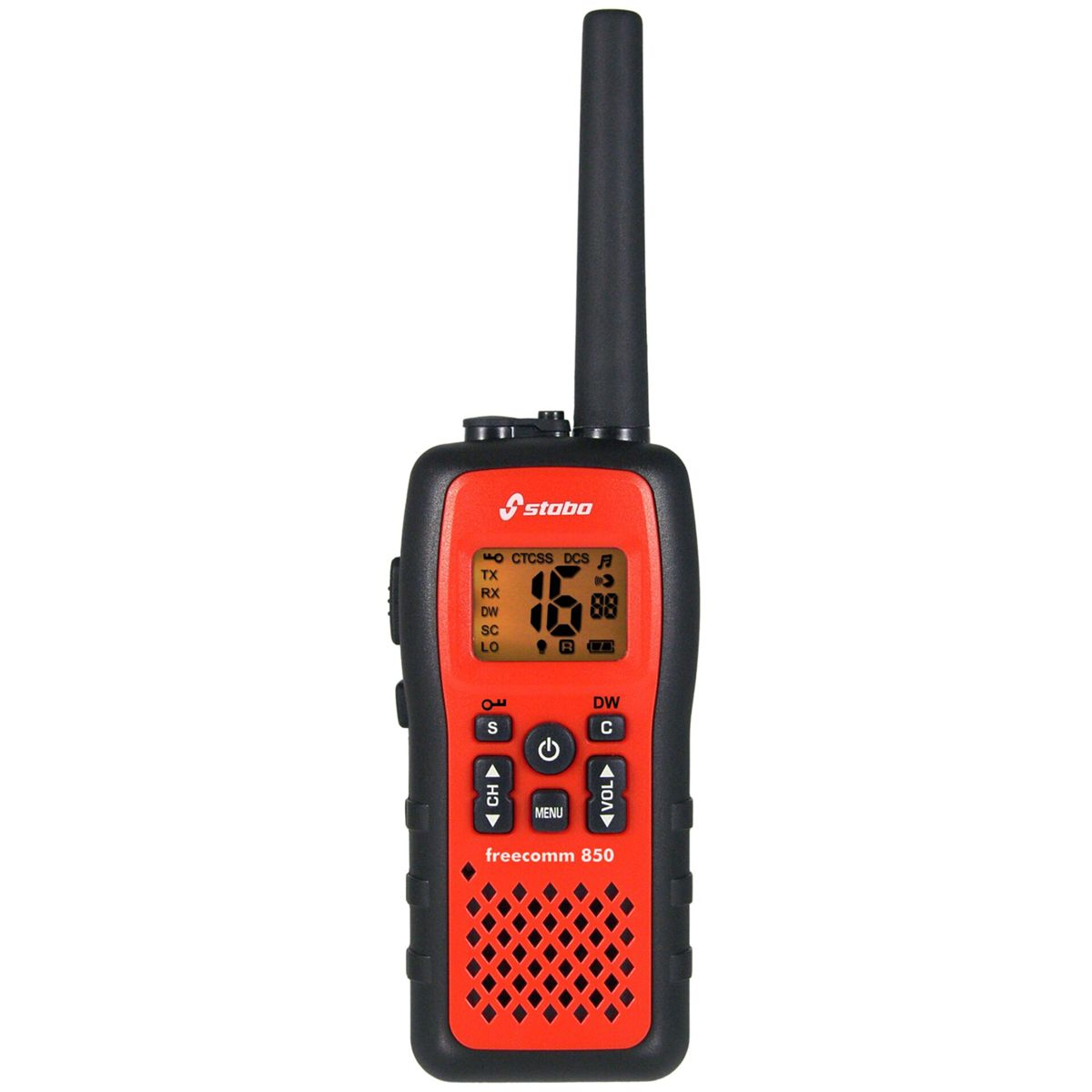 Una radio bidirezionale Stabo freecomm 850 rossa e nera con display digitale.