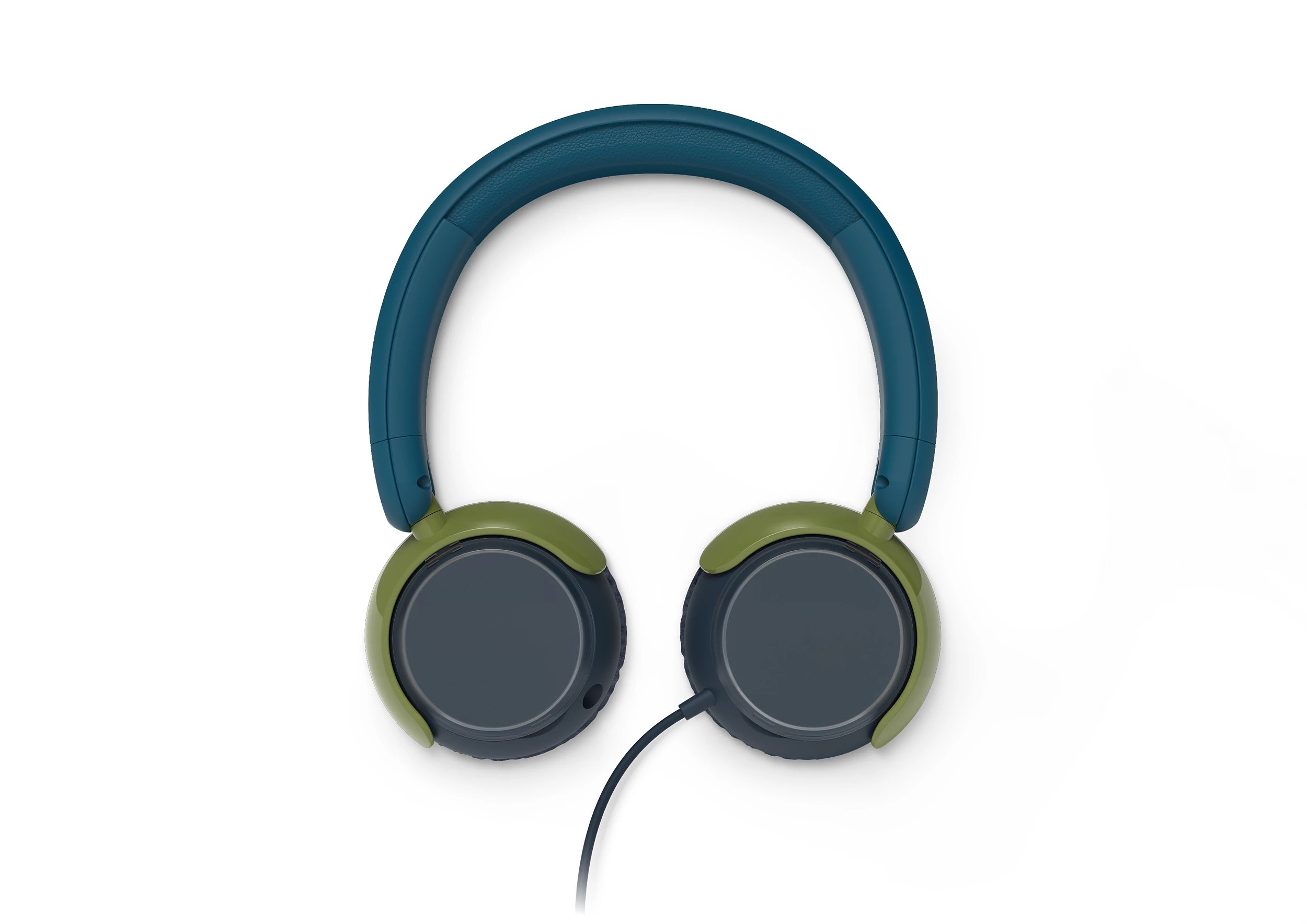 Auriculares con diadema azul y copas verdes, con cable.