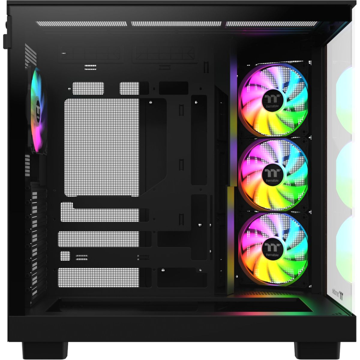Sağda üç RGB fanlı, solda bir fanlı siyah bilgisayar kasası.