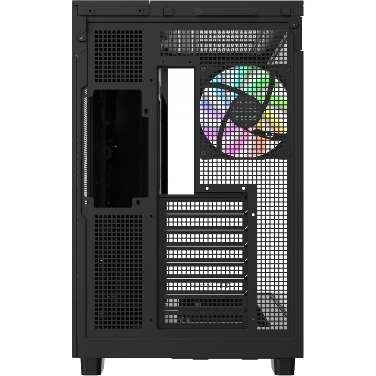 Arkadan görünüm siyah RGB fanlı bilgisayar kasası. Havalandırma.