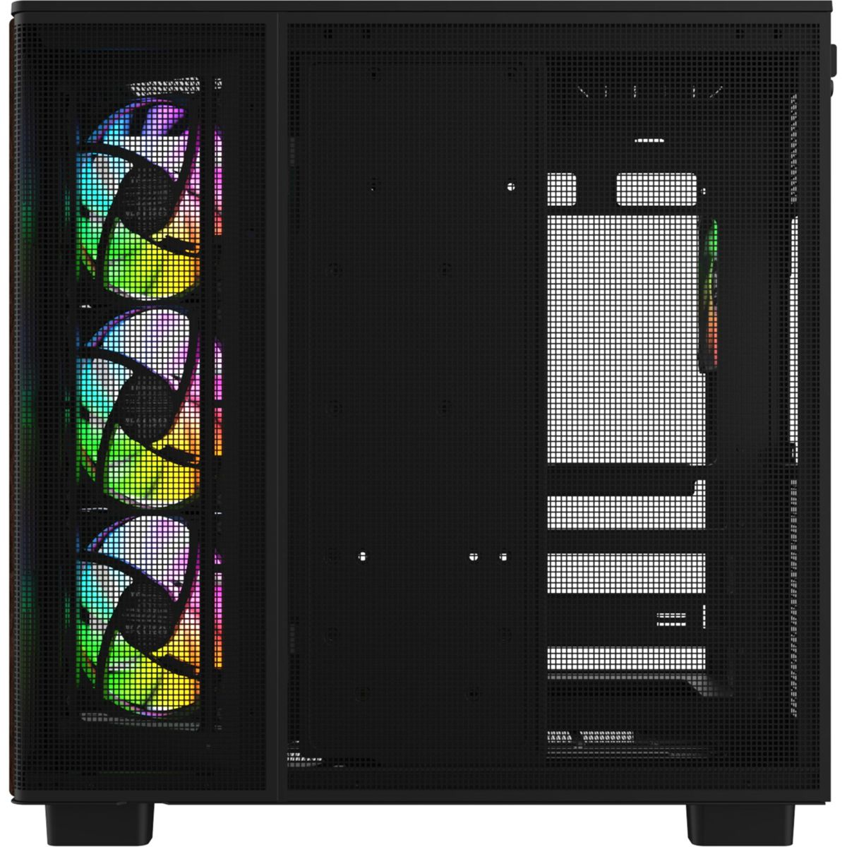 Önde üç RGB fanlı ve havalandırma delikli siyah bilgisayar kasası.