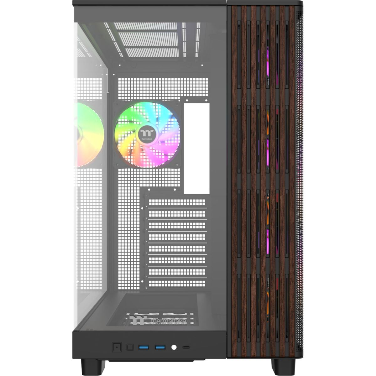 Cam yan ve ahşap kaplamalı, RGB fanlarla aydınlatılmış bir PC kasası.