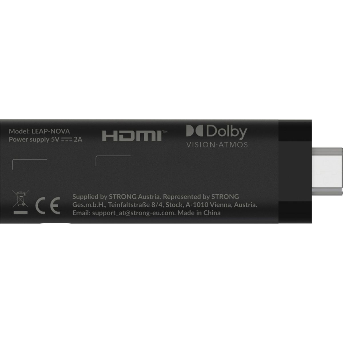 Schwarzer HDMI-Stick mit HDMI, Dolby Vision Atmos, CE-Zeichen.