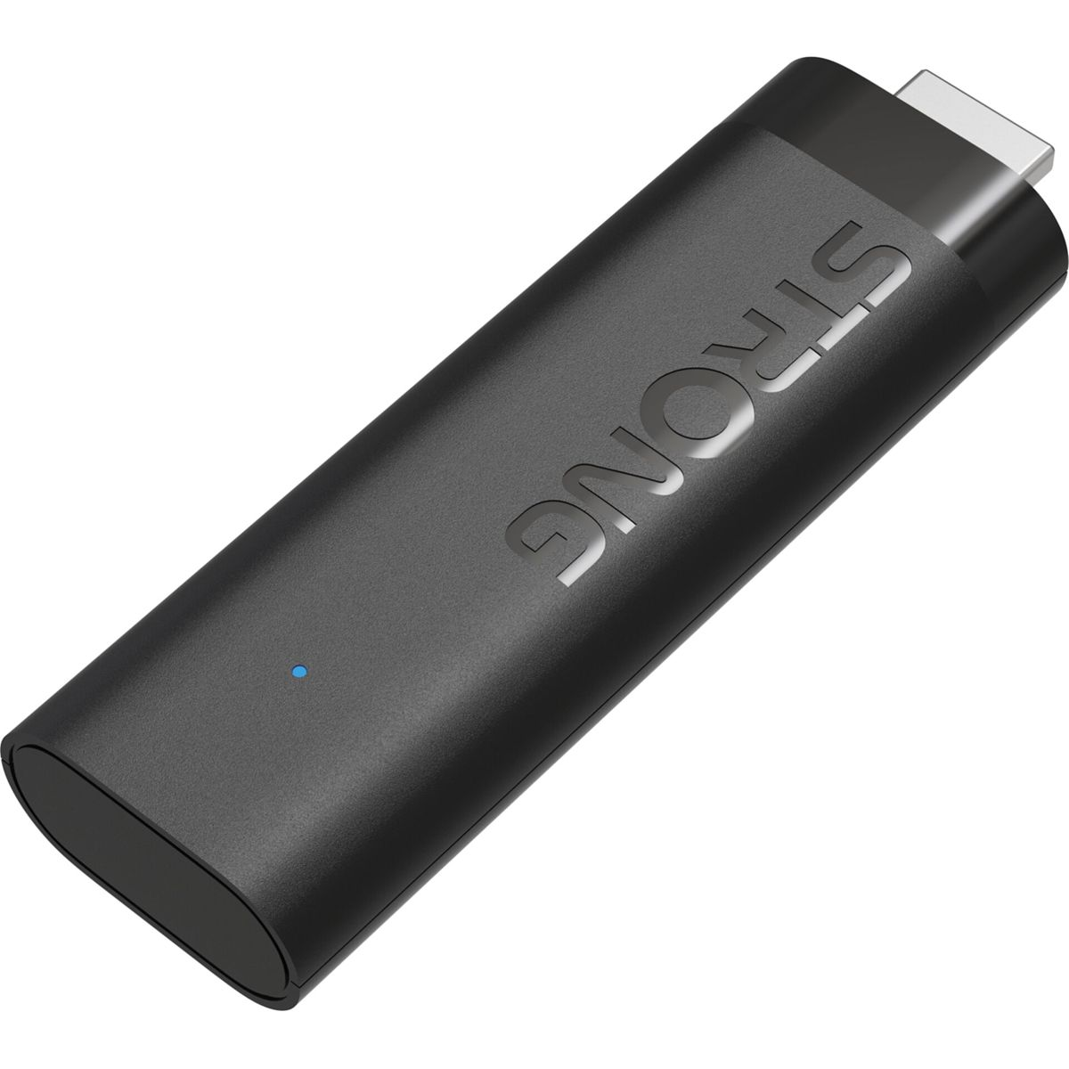 Ein schwarzer USB-Stick mit dem Logo 'STRONG' und einem kleinen blauen Licht.