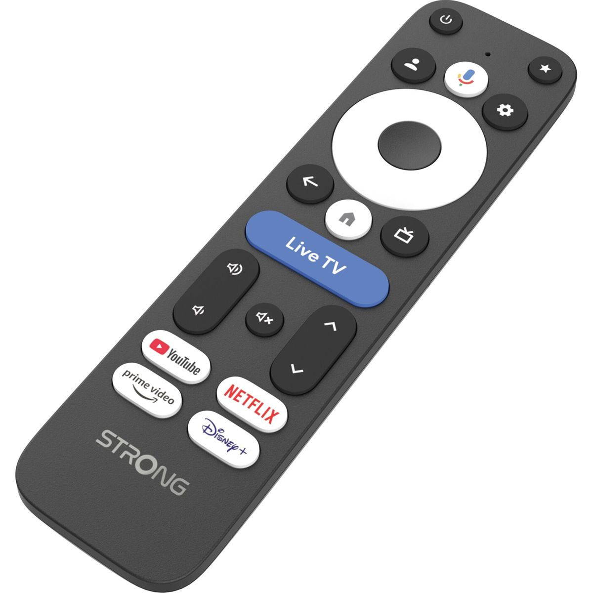 Eine schwarze Fernbedienung mit Tasten für YouTube, Netflix, Disney+, Prime Video und Live TV.