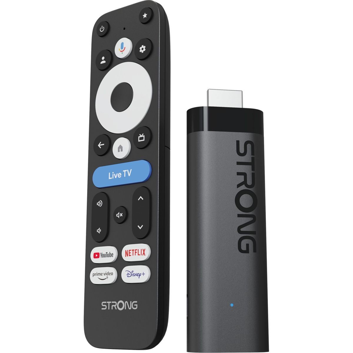 Ein schwarzer Fernbedienung und ein schwarzer Streaming-Stick mit dem Namen STRONG.