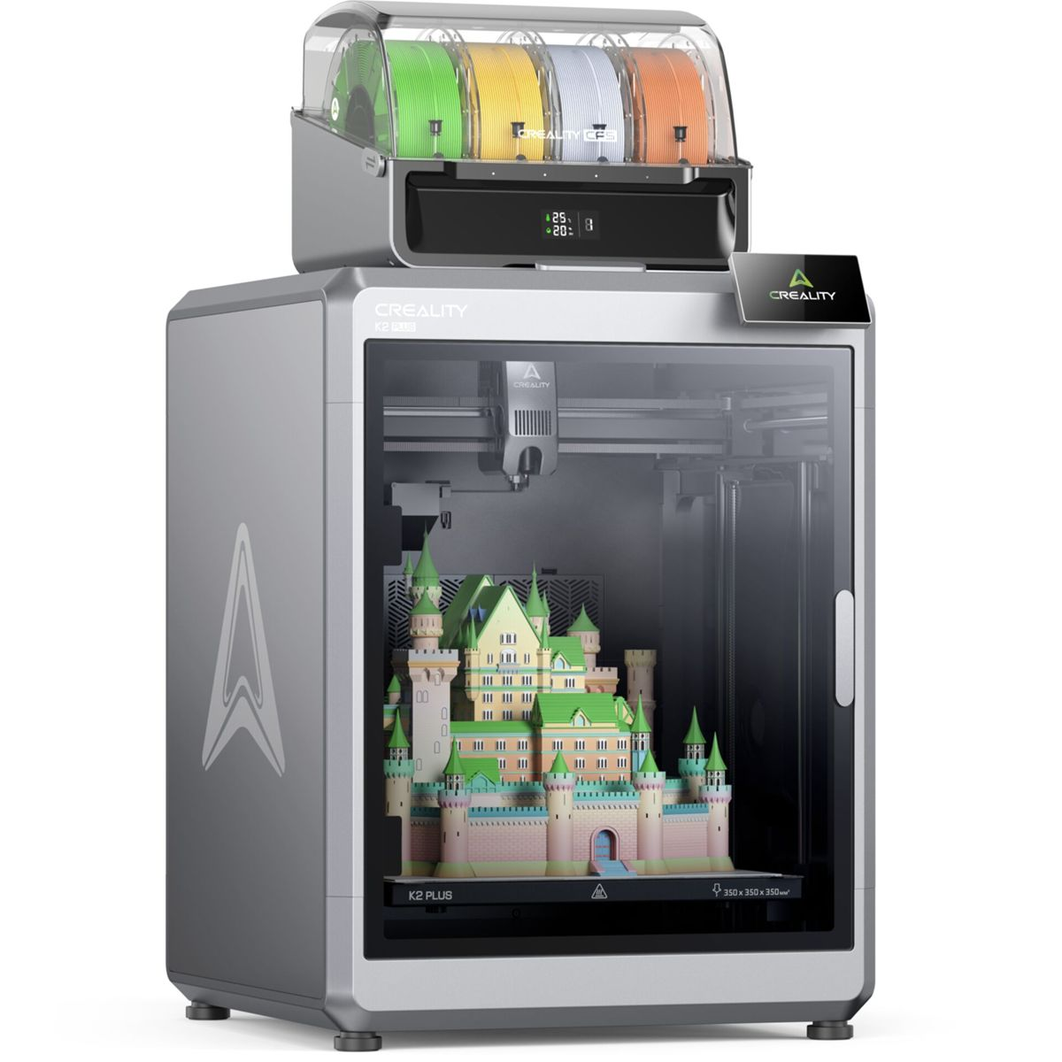 Una stampante 3D argentata con una stampa di castello colorato all'interno e bobine di filamento in cima.