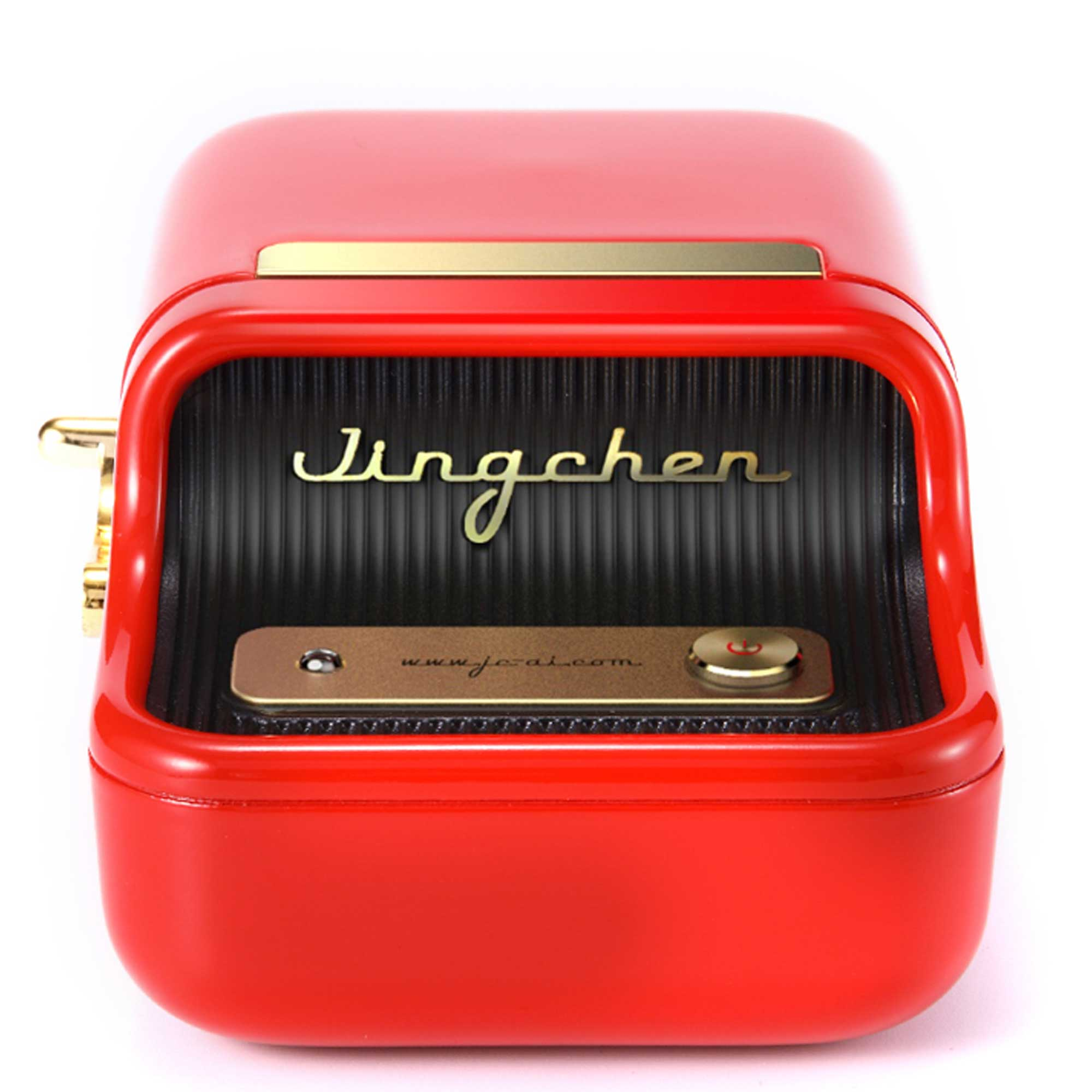 Siyah ızgaralı ve altın yazılı, kırmızı, vintage tarzı Bluetooth hoparlör.