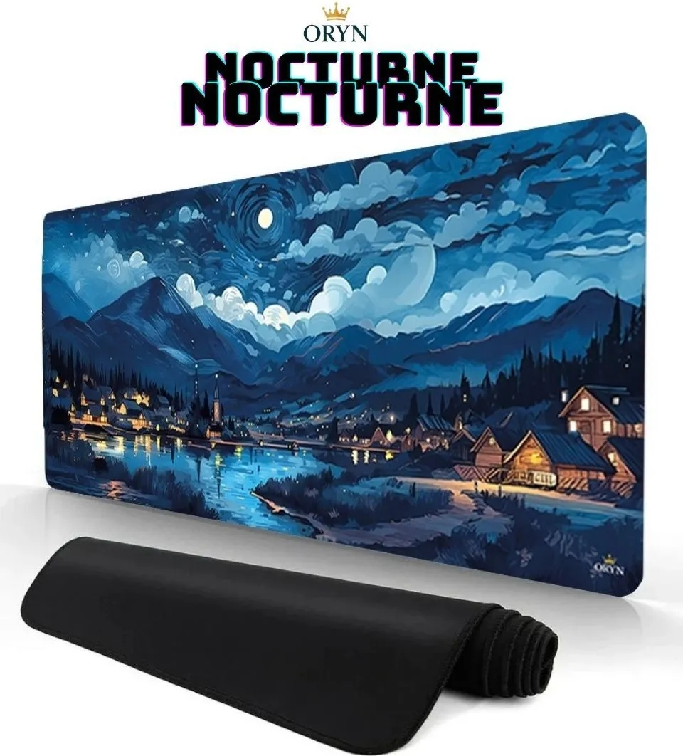 Dağlar, nehir ve evlerle gece manzarası içeren bir mousepad.