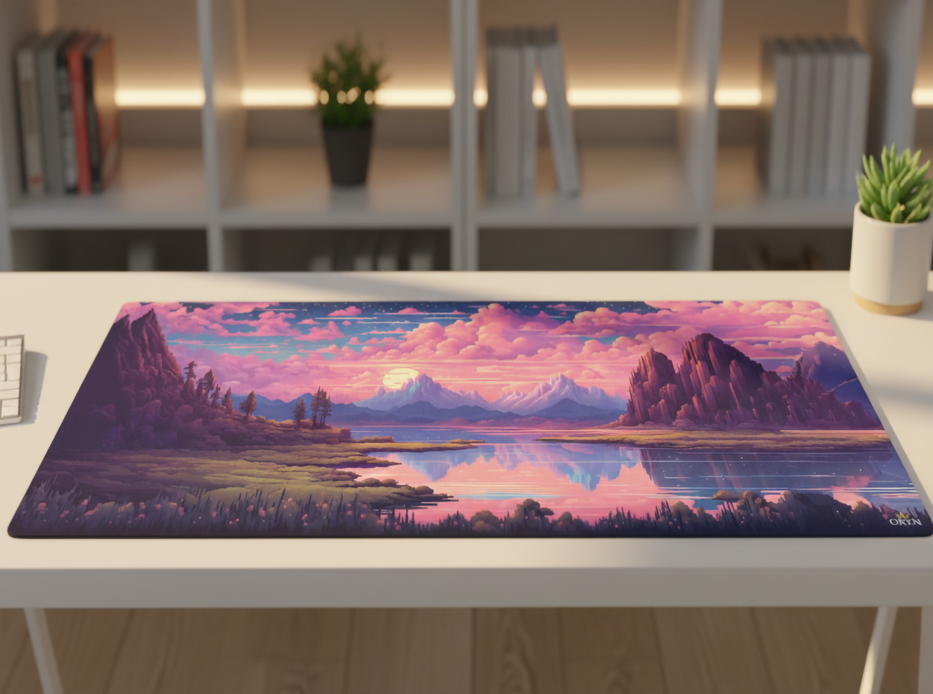 Gün batımında pembe bulutlar, dağlar, göl ve ağaçlar içeren piksel sanat manzarası.
