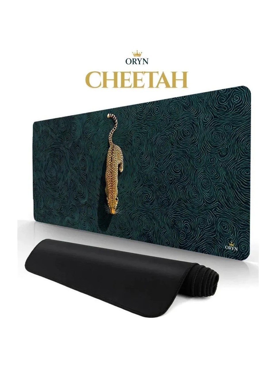 Üzerinde "ORYN CHEETAH" yazısı olan leopar desenli fare altlığı. Altında siyah mat bulunur.