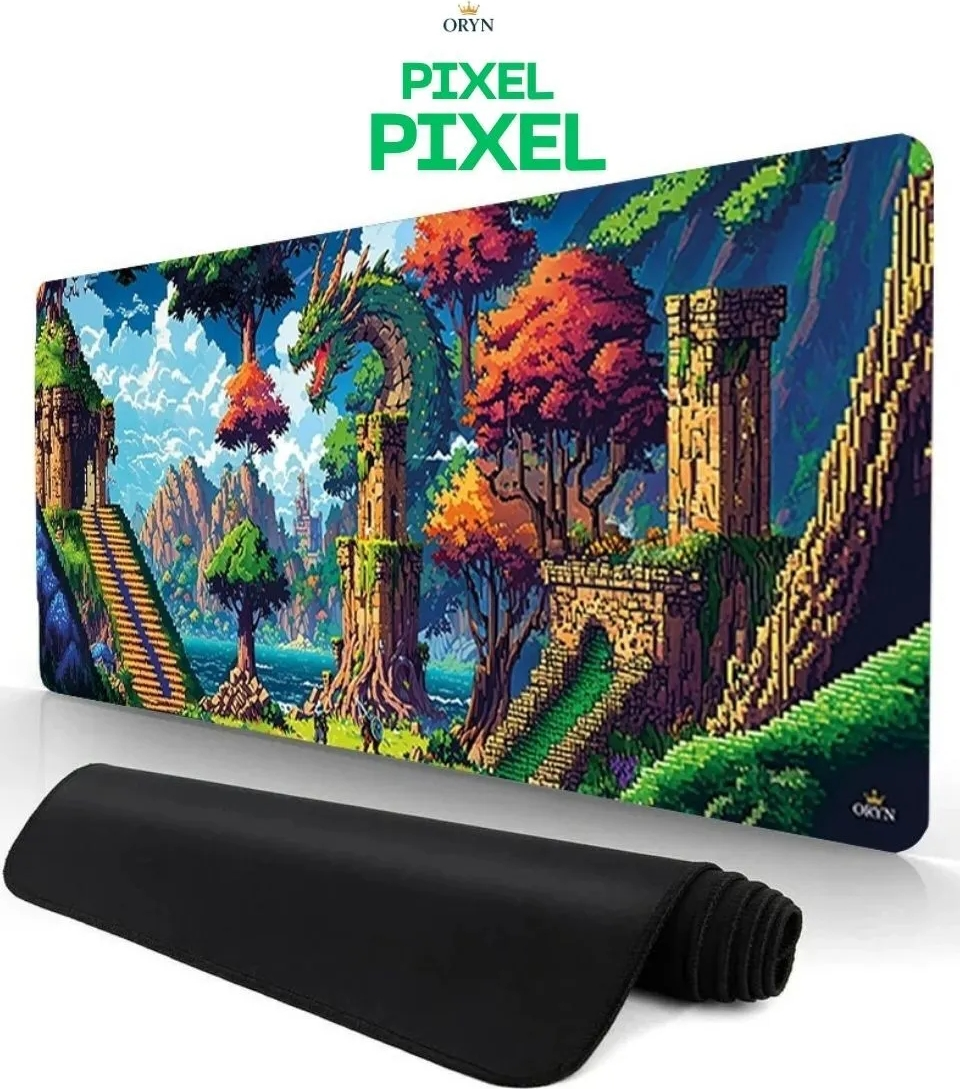 Ejderha, harabeler ve dağ manzarası içeren piksel sanat oyun mousepad'i.