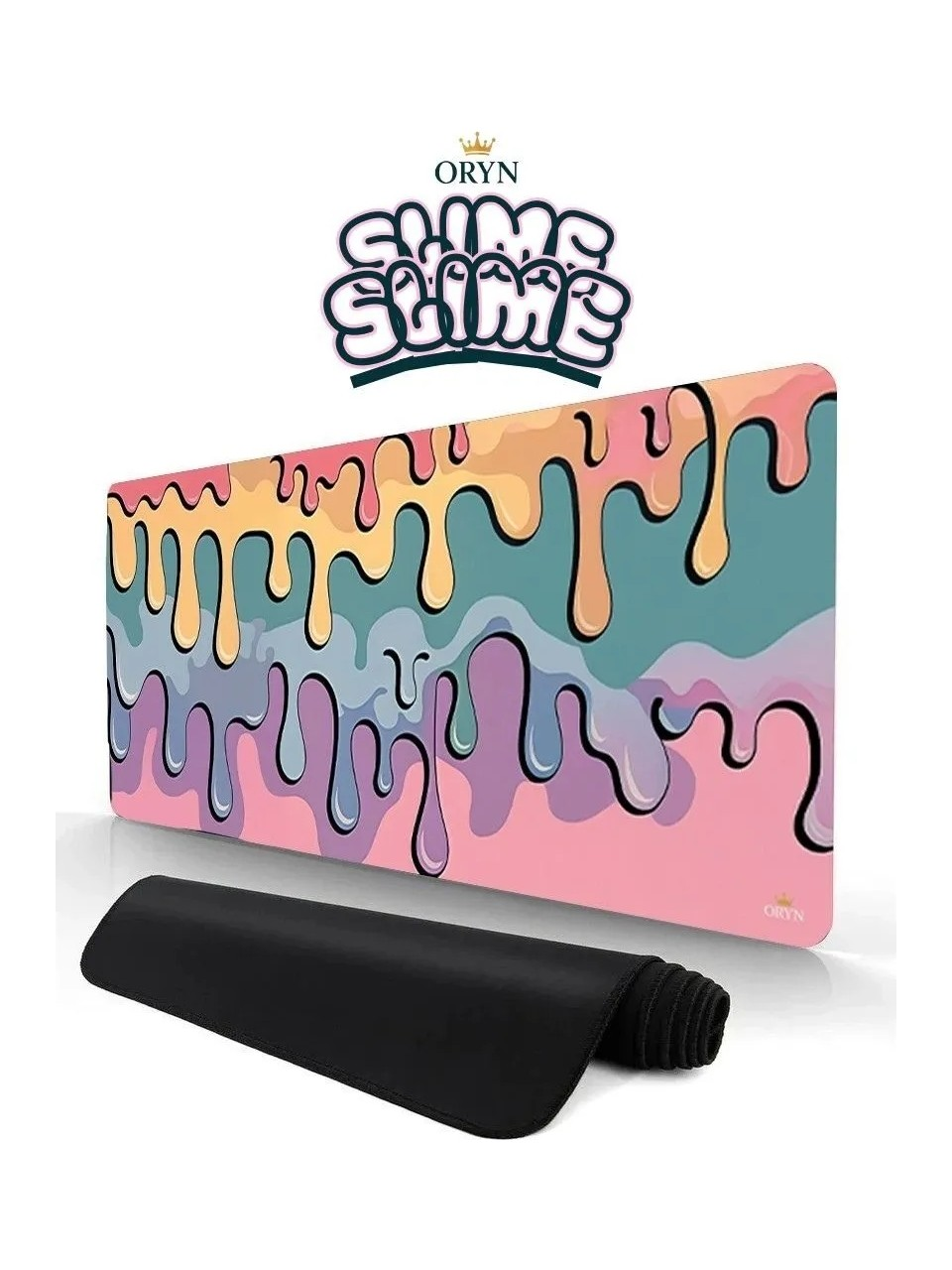 Siyah fare altlığı rulosu ve pastel renkli damlayan slime tasarımlı fare altlığı.