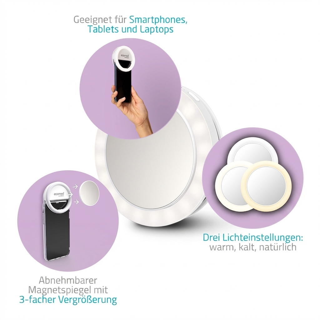 Luz anular con espejo y tres modos de luz, para smartphones, tablets, portátiles.
