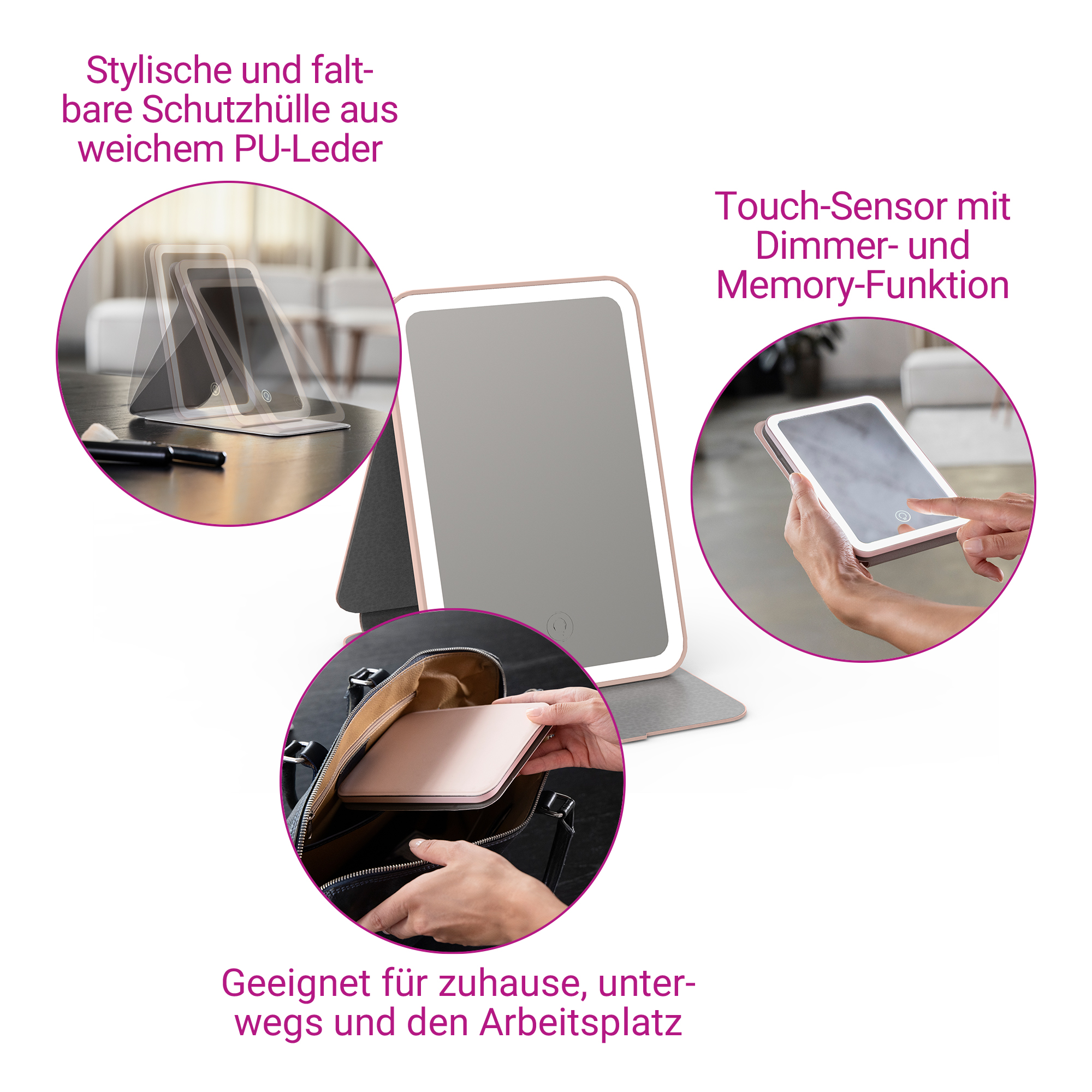 Espejo de maquillaje con luz LED, sensor táctil y funda plegable.
