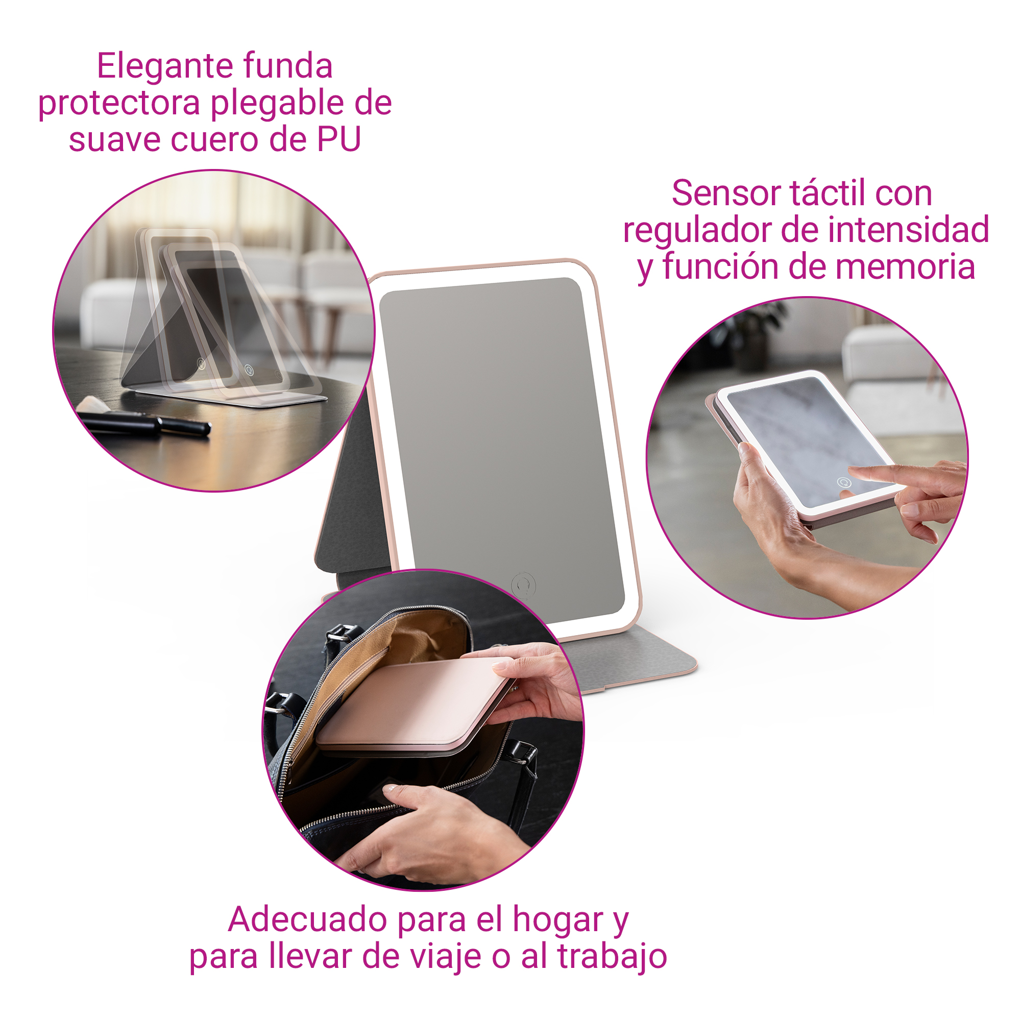 Un espejo de maquillaje rosa dorado con luz LED, colocado en un bolso.