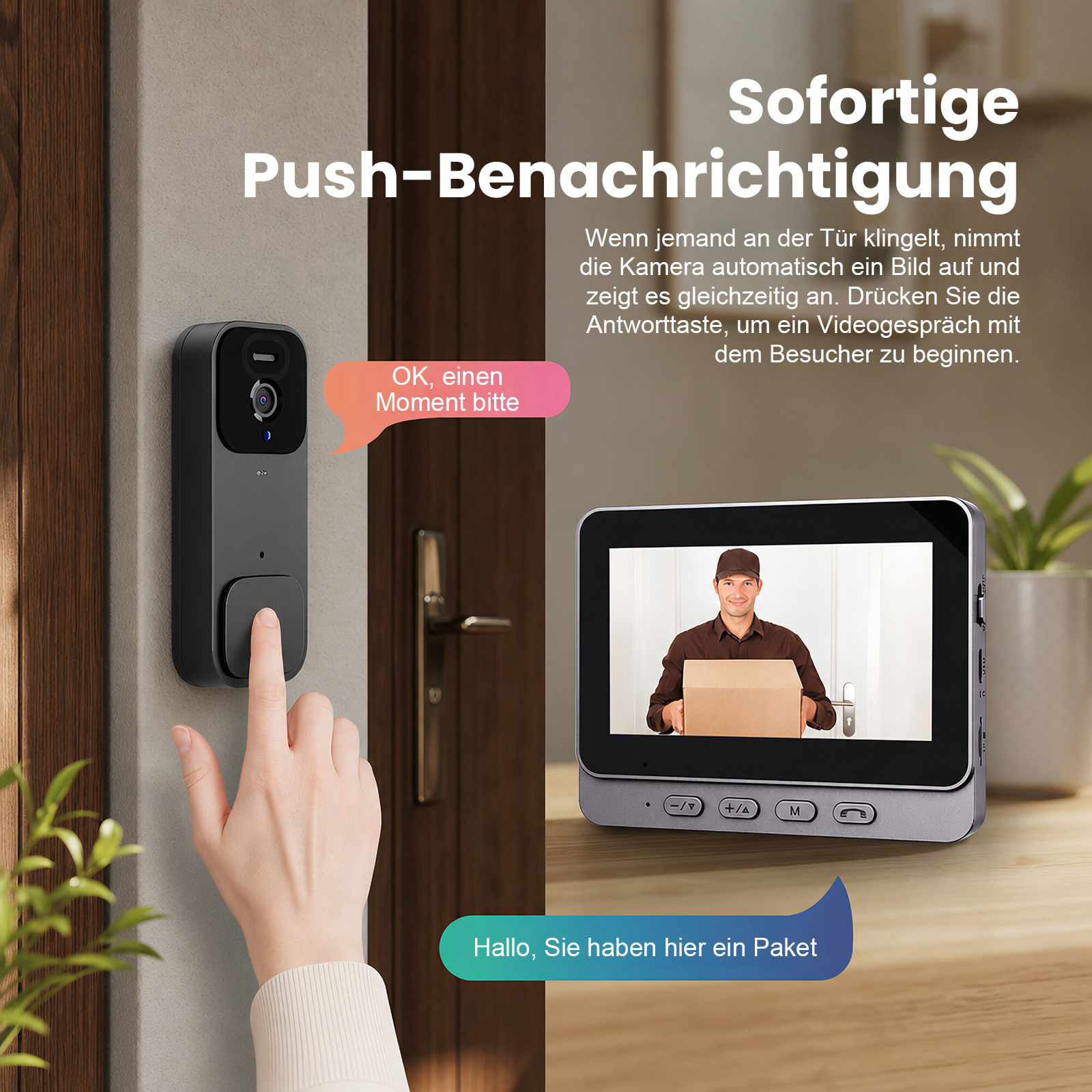Türklingel mit Monitor: Eine Hand drückt die Klingel, Monitor zeigt Lieferanten mit Paket.