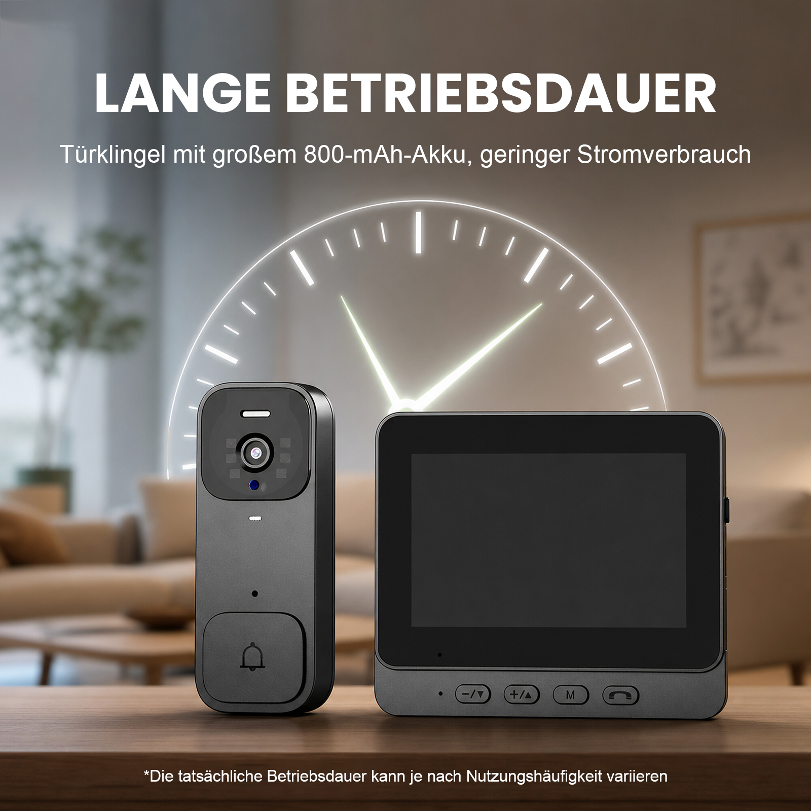 Türklingel und Bildschirm mit Uhr im Hintergrund.