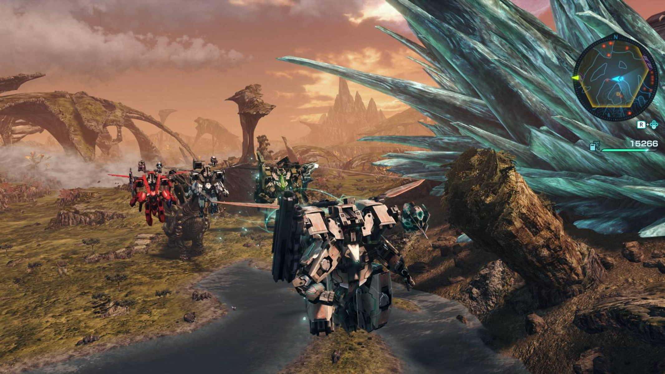 Robots en un paisaje alienígena con formaciones cristalinas gigantes.