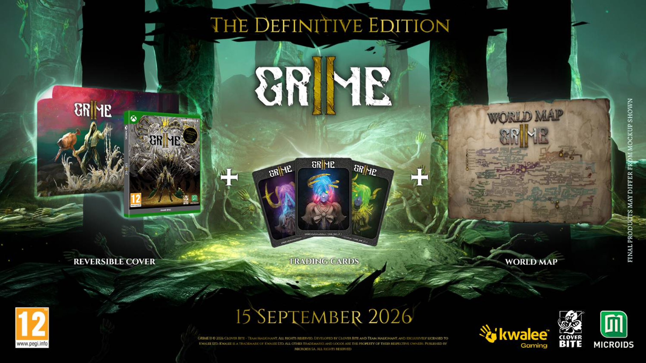 El juego "GRIME II" con portada, disco, tarjetas y mapa del mundo.