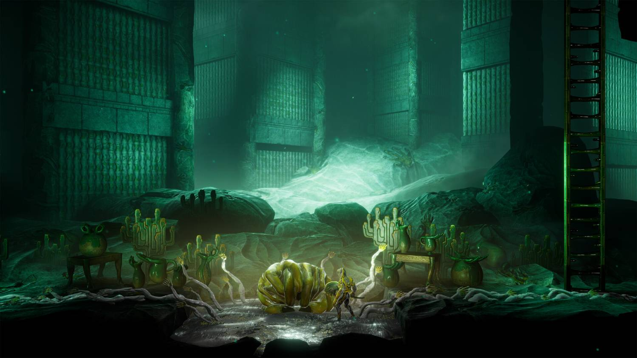Un guerrero se alza en una caverna alienígena verde brillante con extrañas plantas y ruinas antiguas.