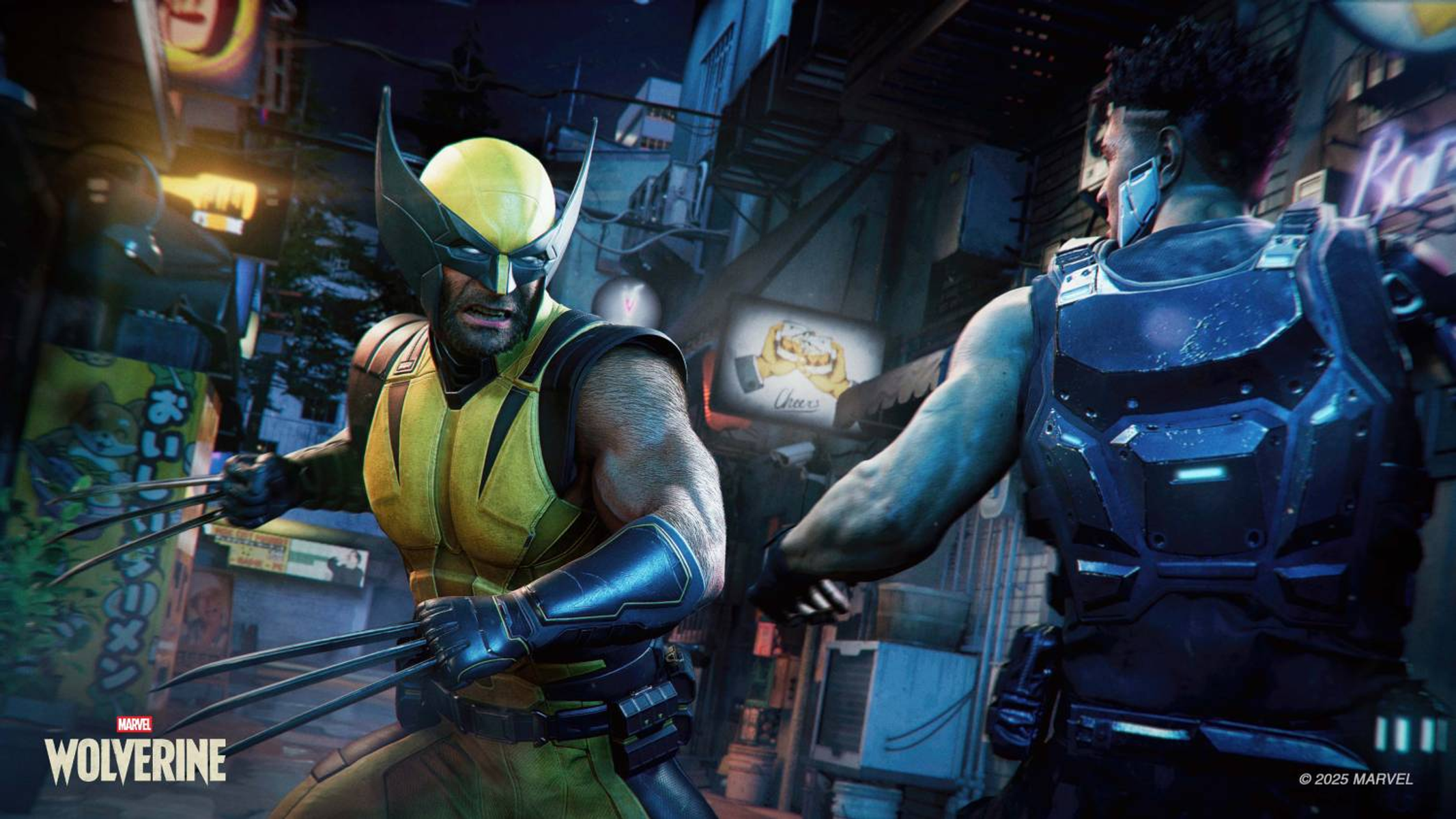Wolverine con artigli e tuta gialla e nera affronta un avversario in un vicolo buio.