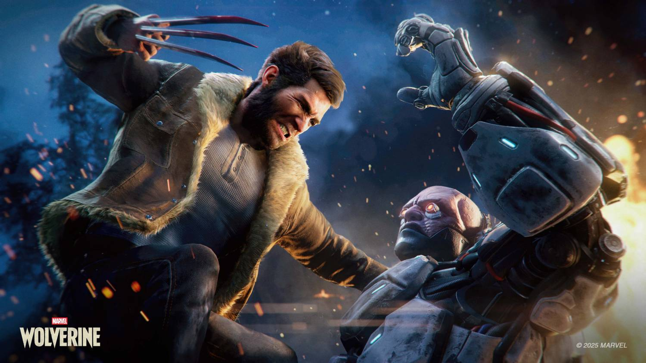 Wolverine attacca un nemico cibernetico con i suoi artigli, scintille volano.
