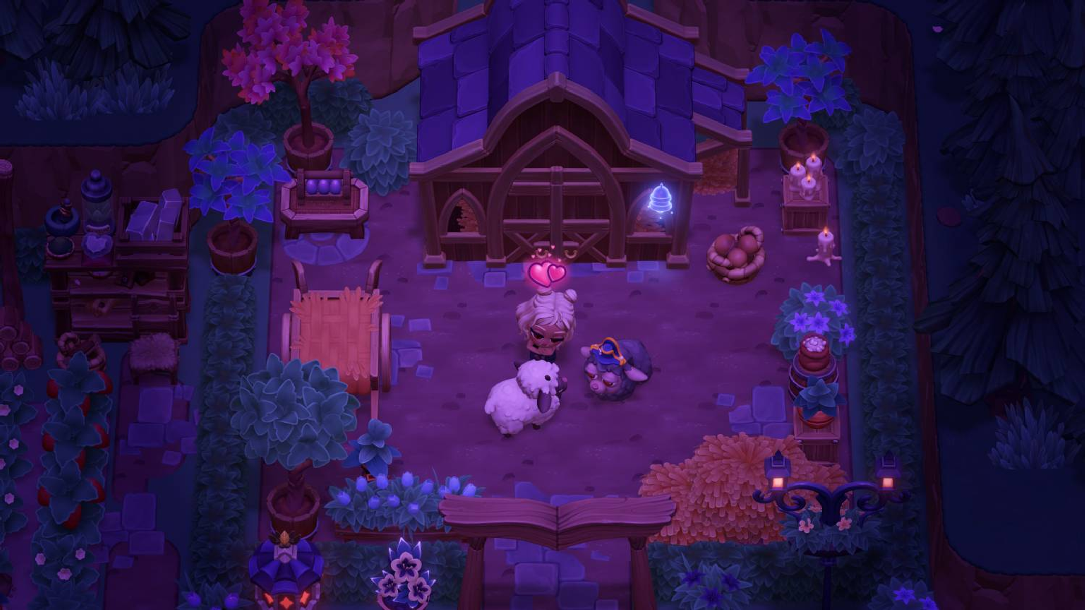 Un personaje con dos ovejas se para frente a una casa de madera oscura por la noche, iluminado por un brillo azul etéreo.