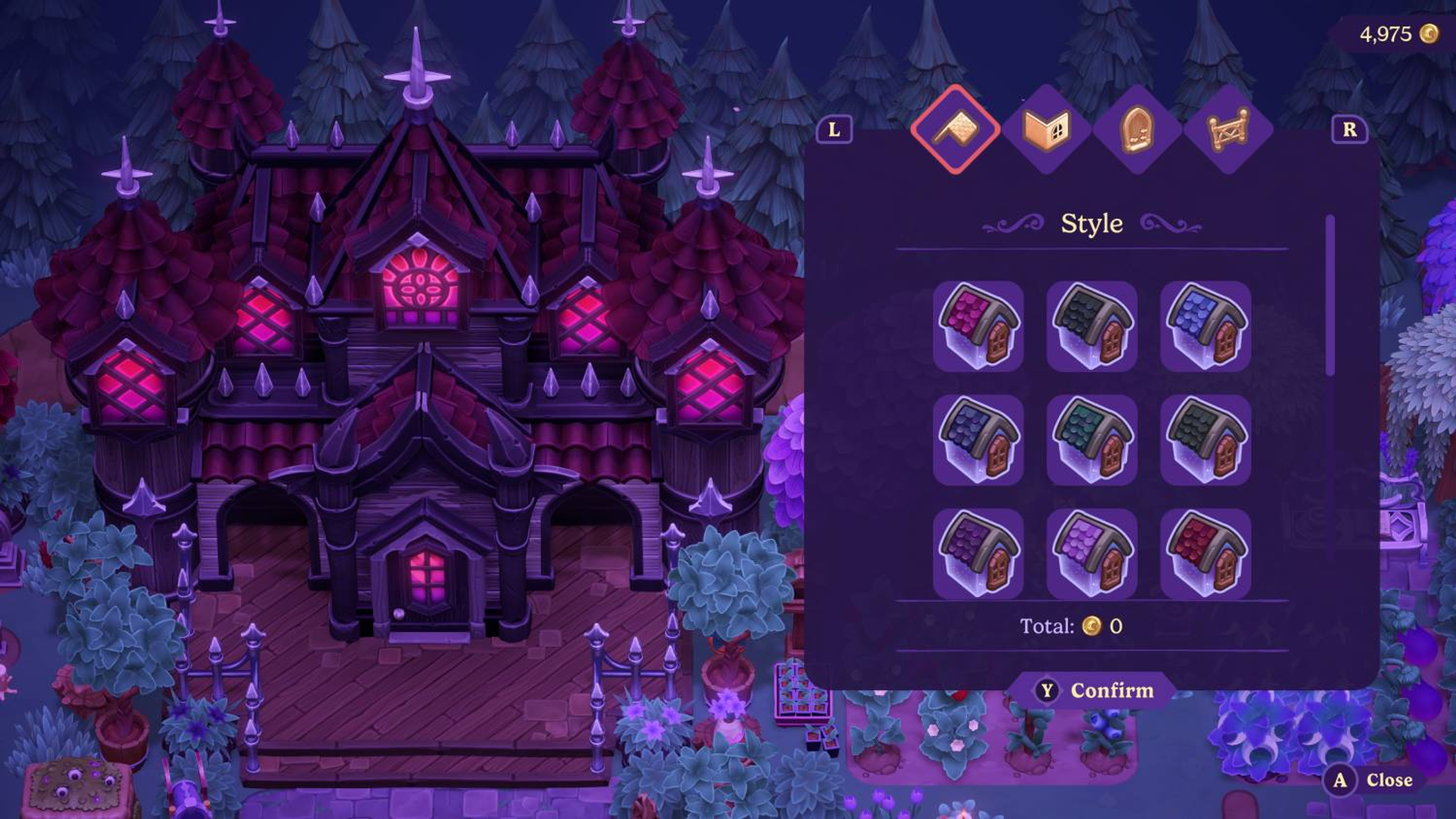 Un castillo morado con ventanas rosadas y un menú de selección de estilo.