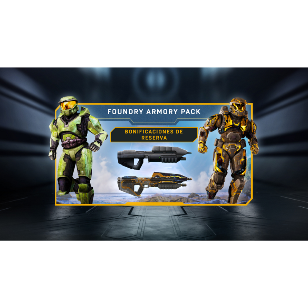 Dos figuras blindadas, una verde y otra dorada, flanquean dos armas futuristas con un fondo de cielo y mar.