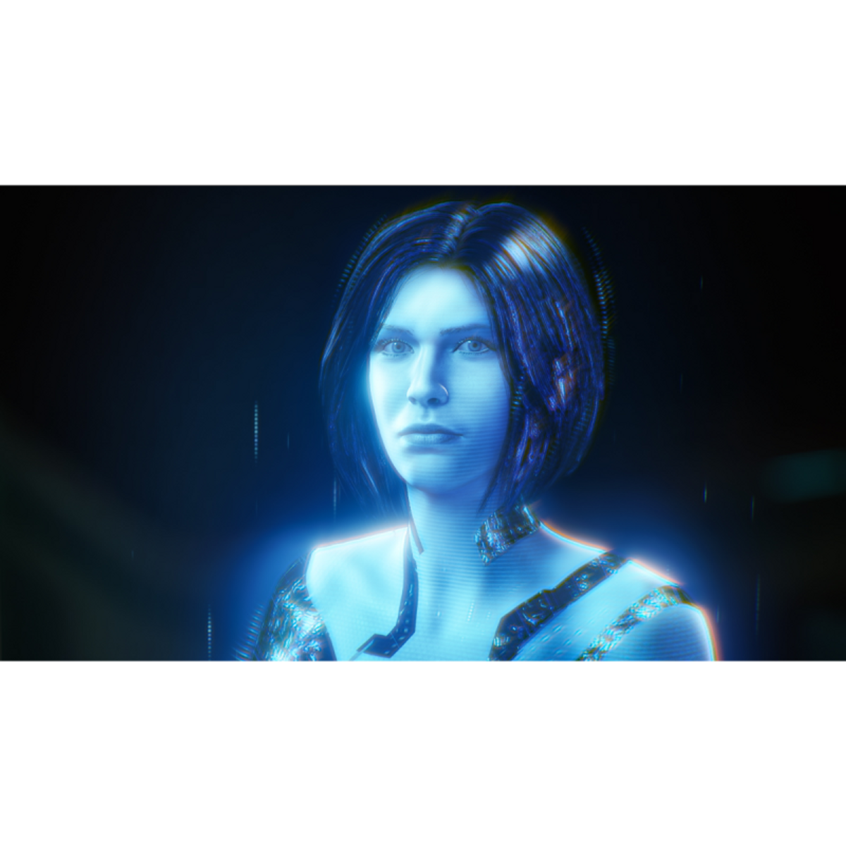 Una figura femenina holográfica azul con cabello oscuro corto y expresión seria, sobre un fondo oscuro.