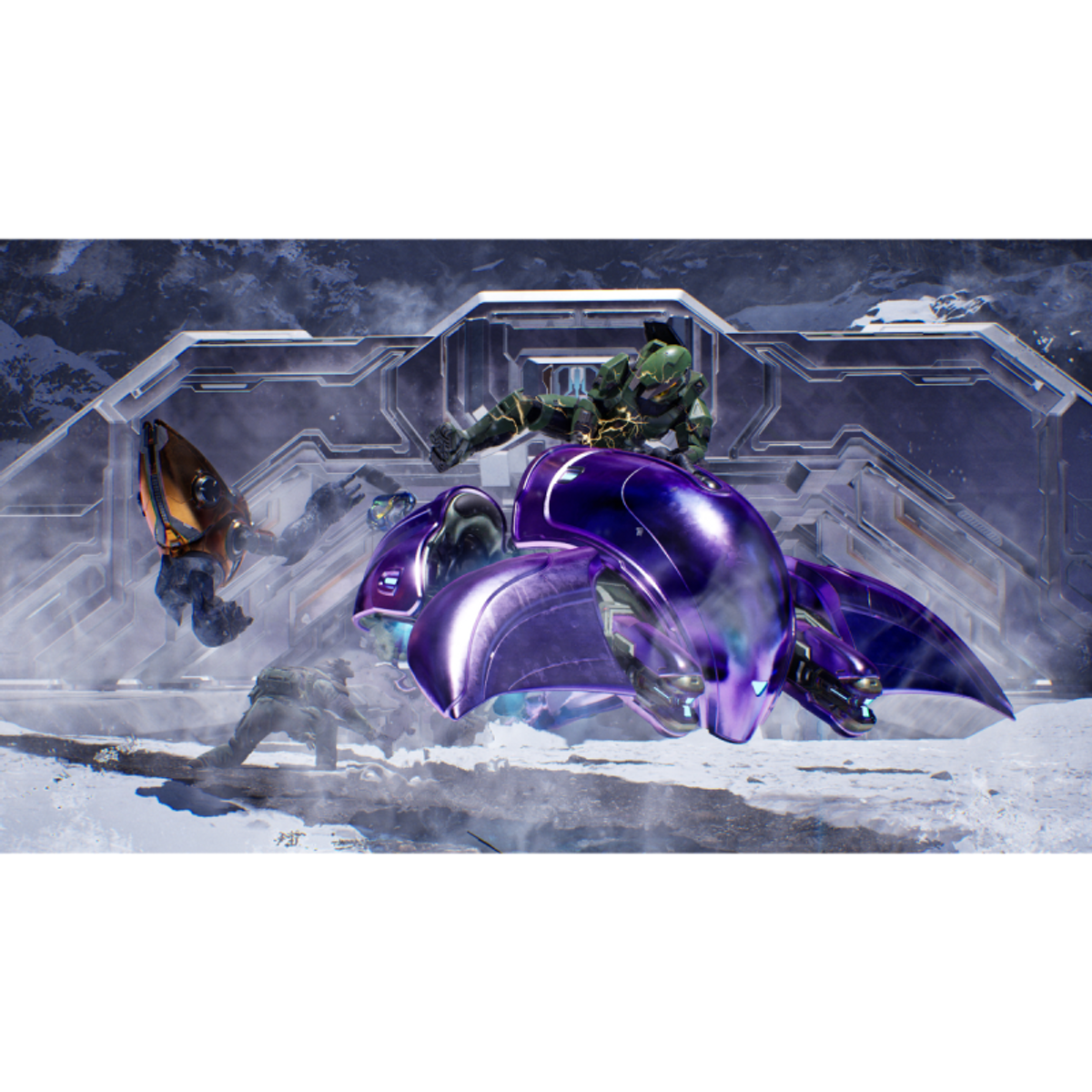 Un soldato verde cavalca un veicolo viola mentre altri combattono nella neve.