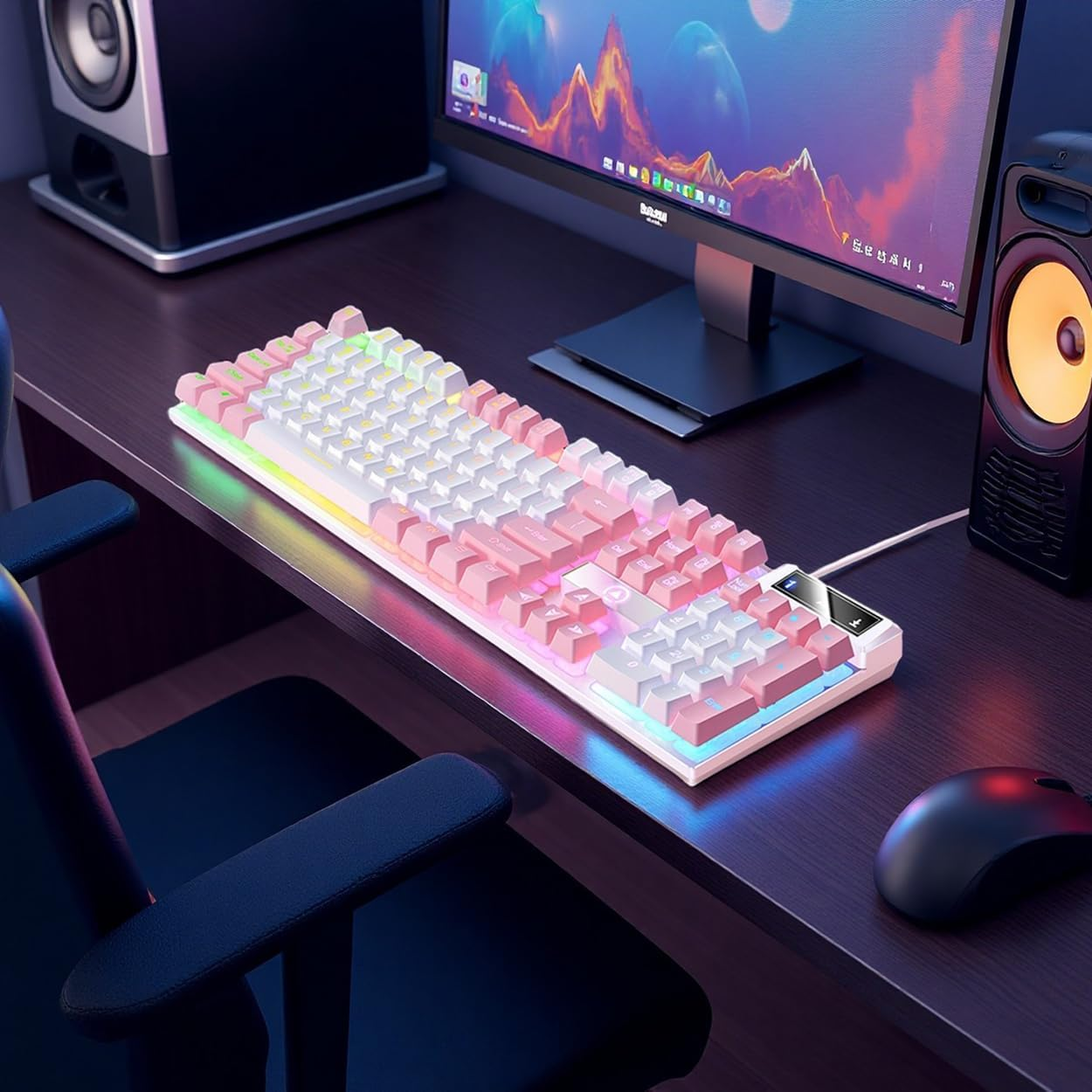 Biała i różowa klawiatura z oświetleniem RGB na biurku z głośnikami.