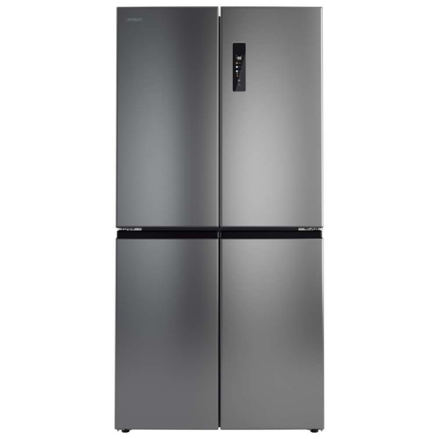Un refrigerador moderno, plateado, de cuatro puertas con pantalla digital.