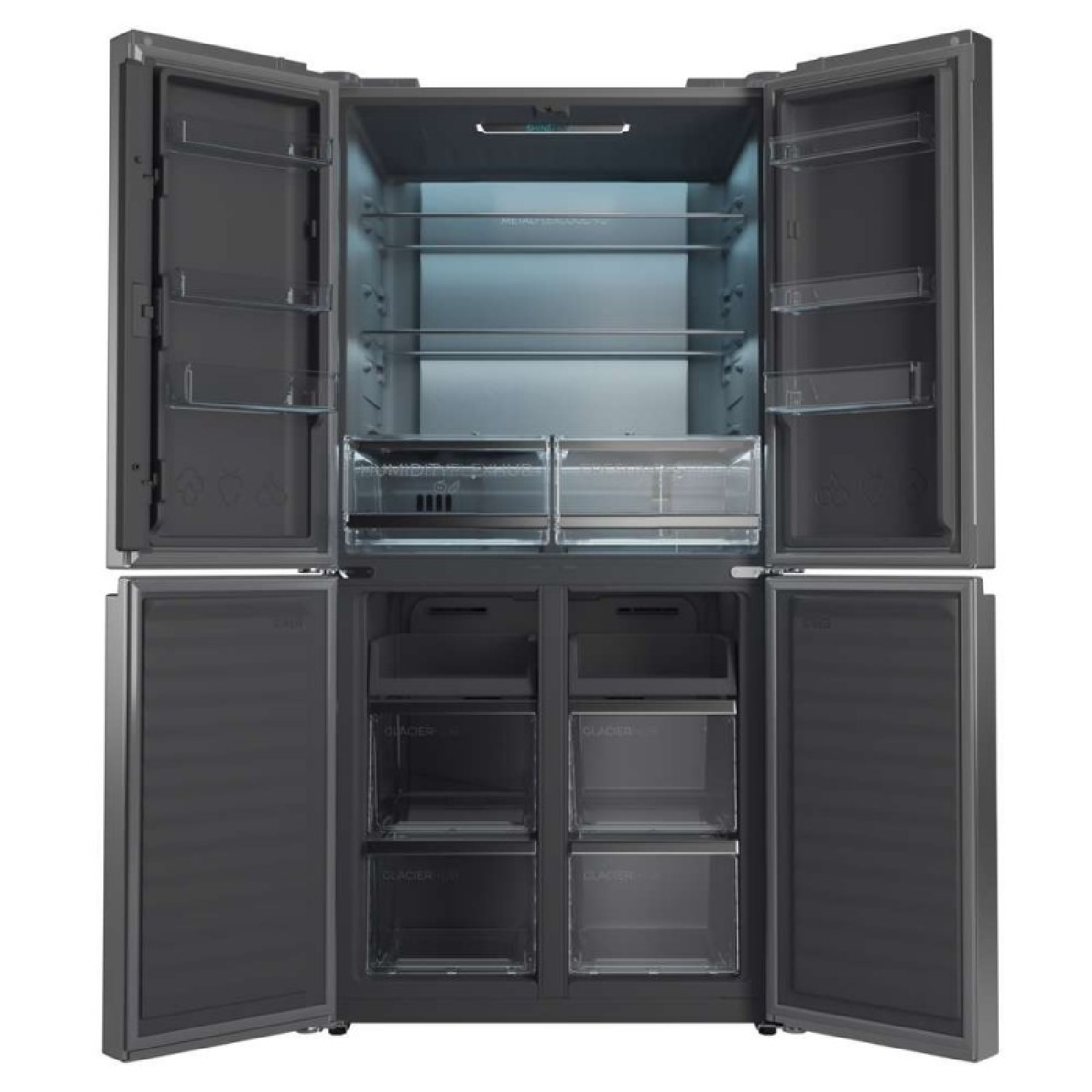 Un refrigerador oscuro abierto con varios estantes y cajones.