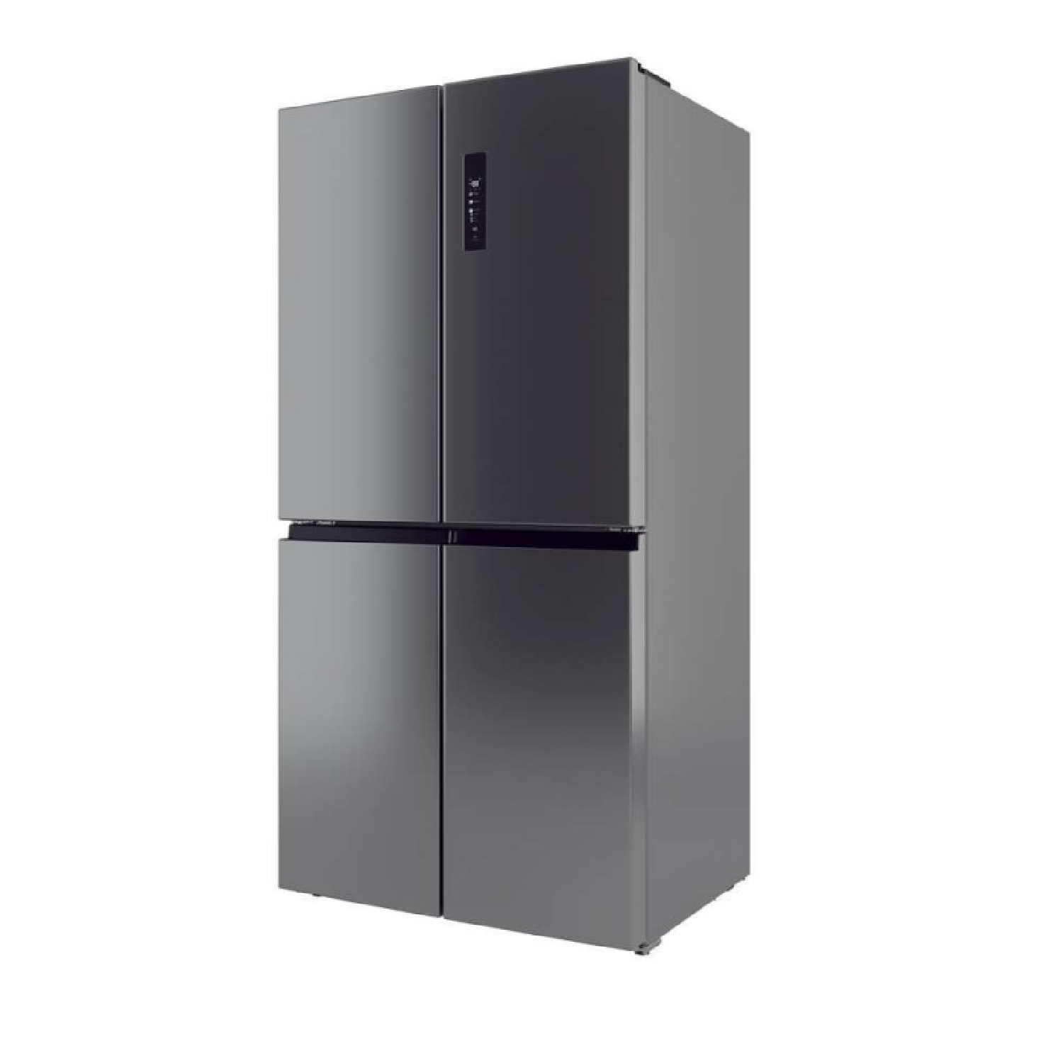 Un refrigerador moderno gris de cuatro puertas con pantalla digital.