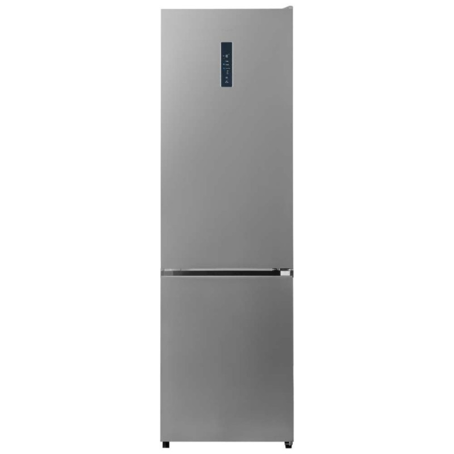Un refrigerador plateado de dos puertas con panel de visualización arriba.