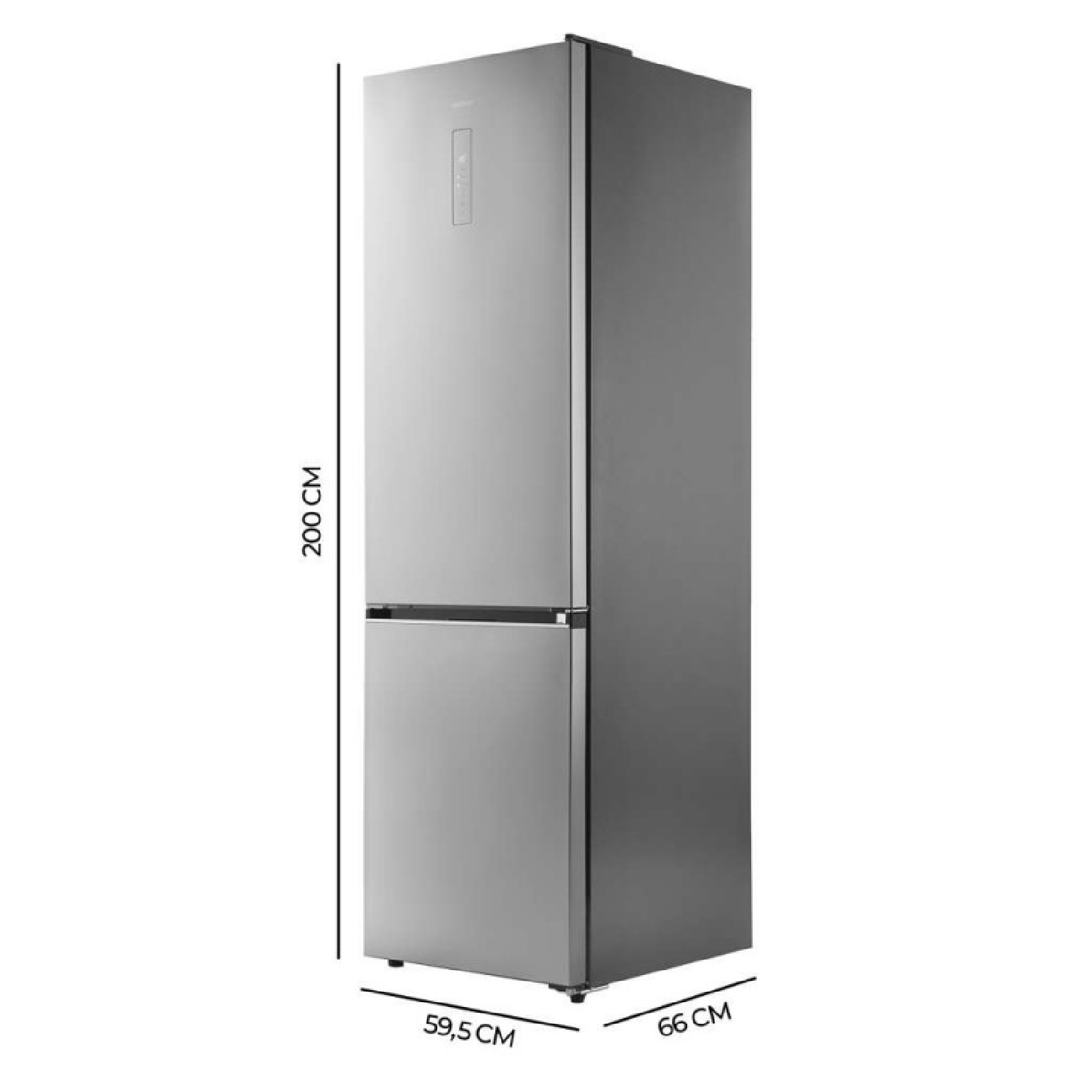 Un elegante frigorifero-congelatore argento a due porte con dimensioni indicate.