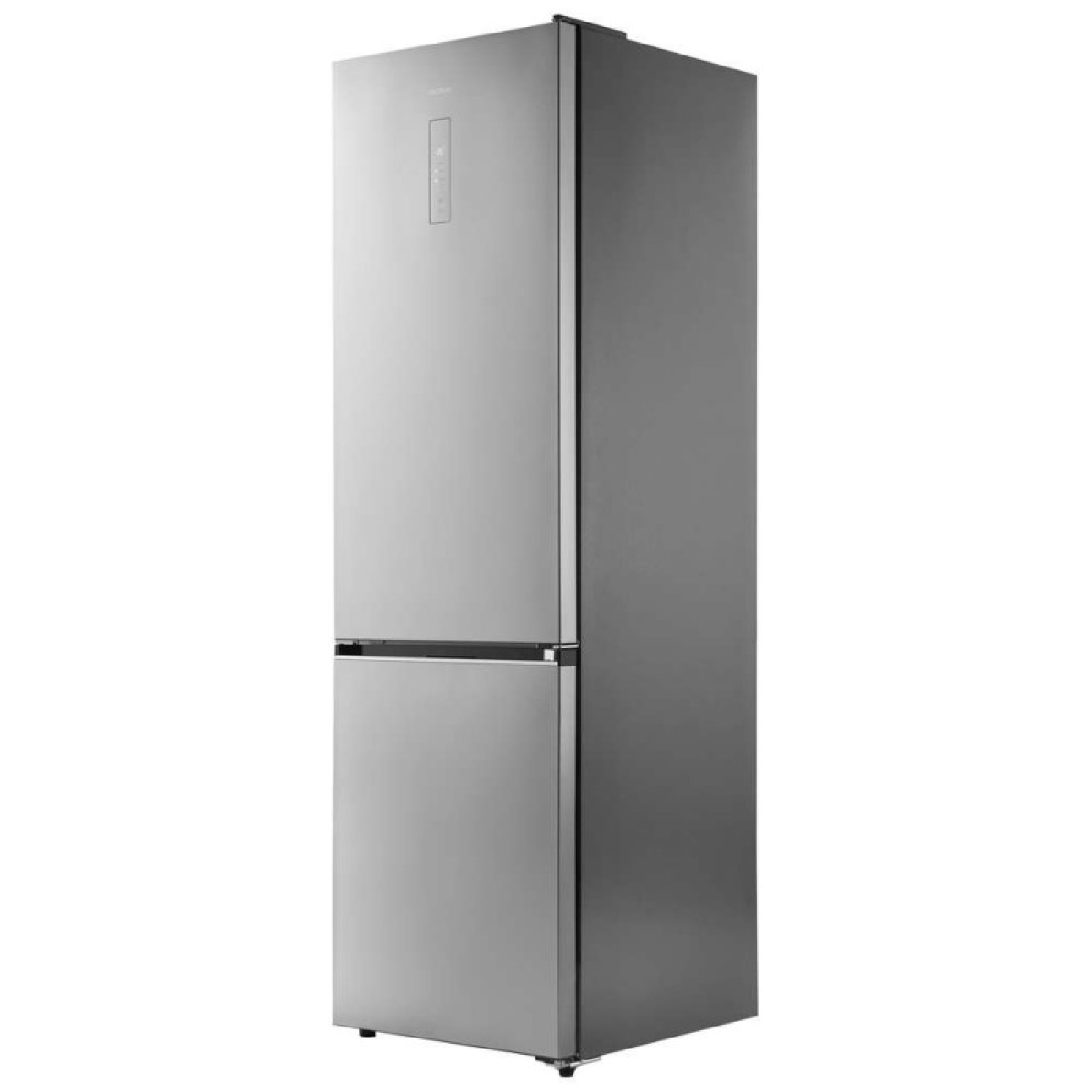 Un refrigerador gris plateado con dos puertas se muestra desde un ligero ángulo. La puerta superior tiene una pequeña pantalla rectangular oscura.