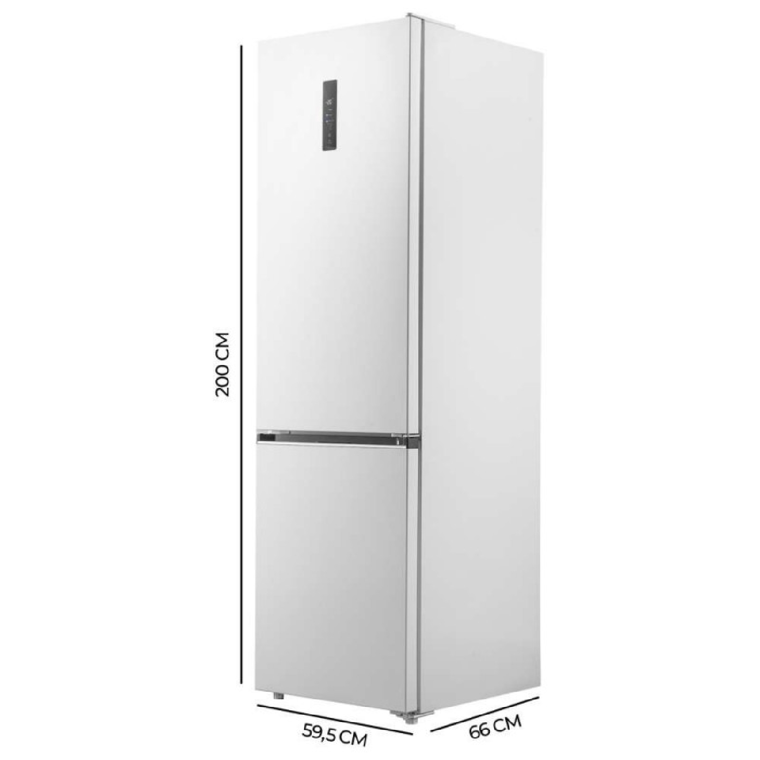 Frigorifero bianco con vano congelatore, alto 200 cm, profondo 66 cm, largo 59,5 cm.